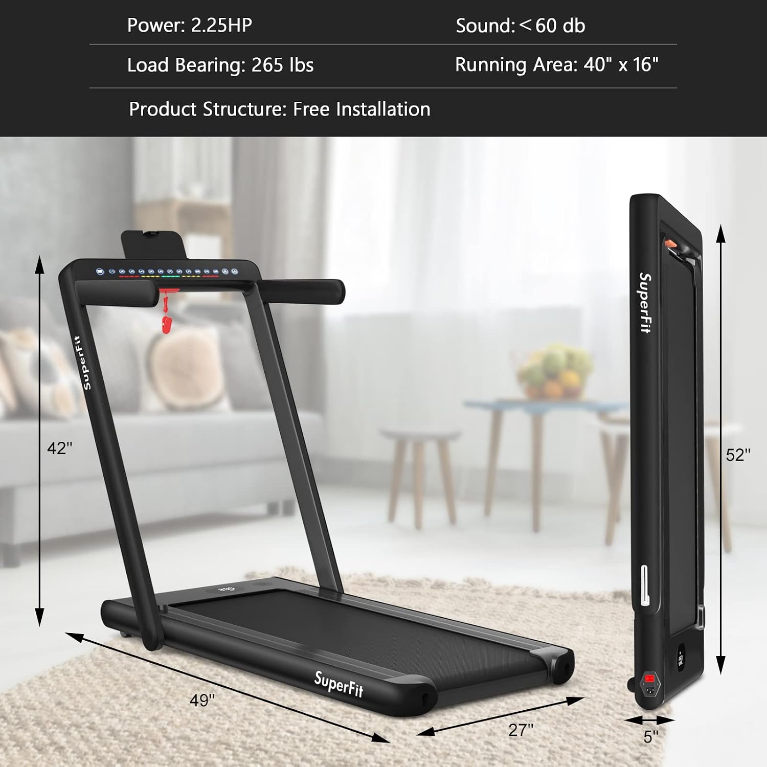 Goplus 2 in 1 Folding Treadmill with Dual Display, 2.25HP Superfit Under Desk Electric Pad Treadmill, Installation-Free, Blue Tooth Speaker, APP Control, Remote Control, Walking Jogging for Home