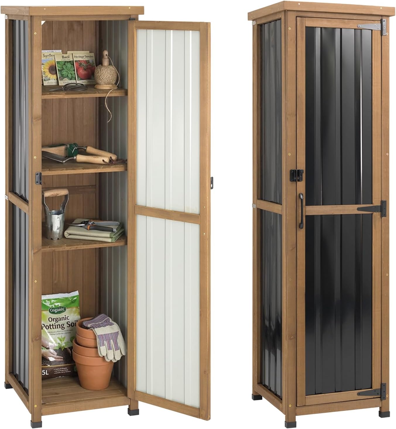 Tall Outdoor Storage Cabinet, Weatherproof Wooden Garden Potting Bench with Metal Top & Adjustable Shelves, Outdoor Patio Cabinets Work Station for Balcony, Pool, Garage