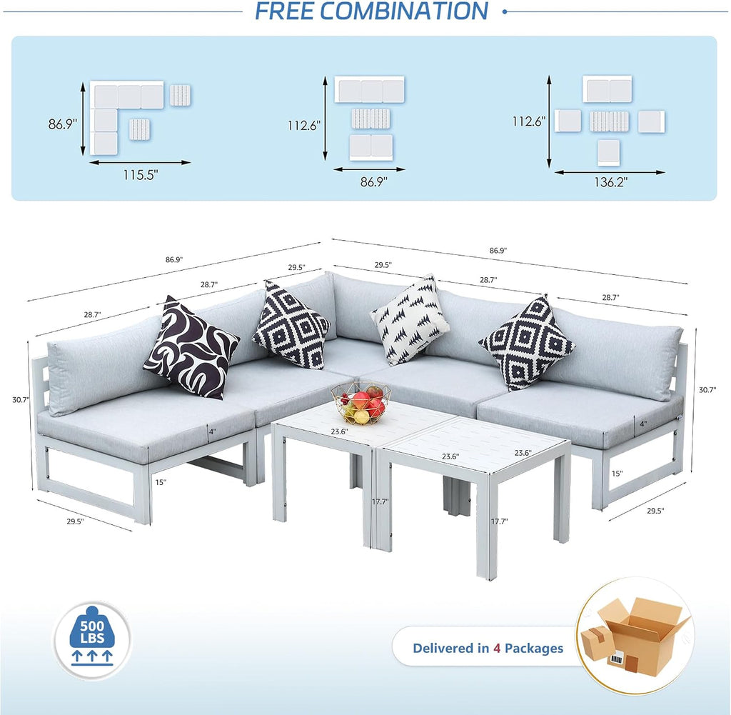 NICESOUL 7 Piece Oversized Modular Aluminum Outdoor Furniture Set, 29' Deep Wide Sectional Seating, 500 lbs High Weight Capacity Water Resistant Patio Conversation Set for Garden Terrace, Light Gray