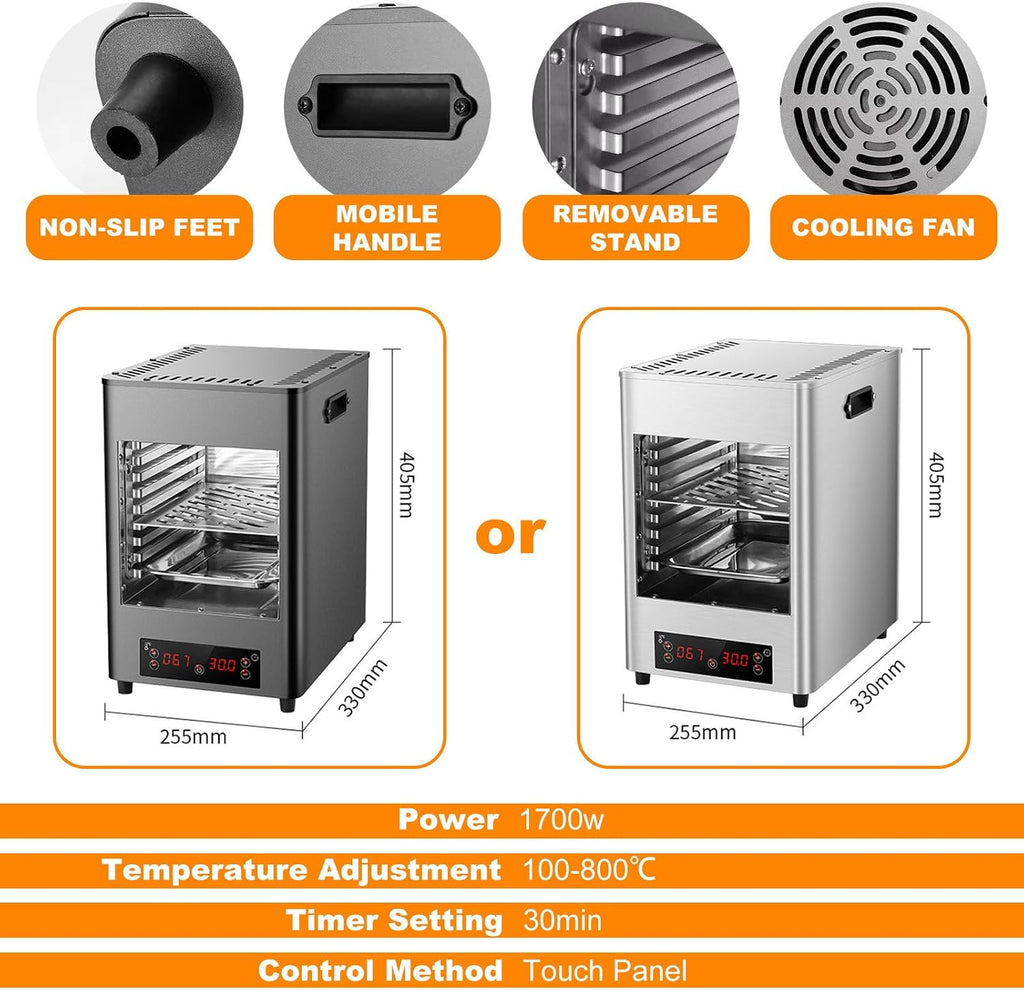 Commercial Indoor Steak Grill/Electric Steak Broiler - 30 Min Time/8 Gears Temperature Adjustable(100-800℃),8-Layer Portable Countertop Oven for Beef Chicken Vegetables,1700w,Metallic