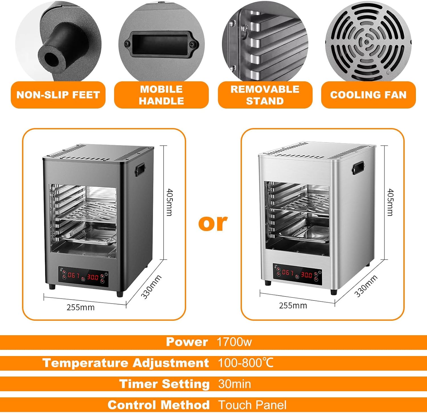 Commercial Indoor Steak Grill/Electric Steak Broiler - 30 Min Time/8 Gears Temperature Adjustable(100-800℃),8-Layer Portable Countertop Oven for Beef Chicken Vegetables,1700w,Metallic