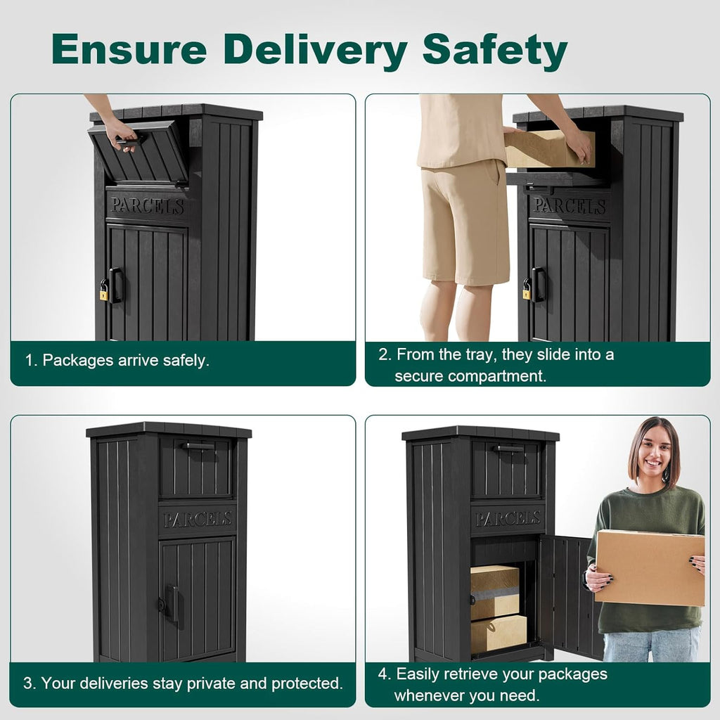 Package Delivery Box for Outside, Large Parcel Drop Box with Lockable Secure, Waterproof and Anti-Theft Storage for Porch, Curbside, House (Black)