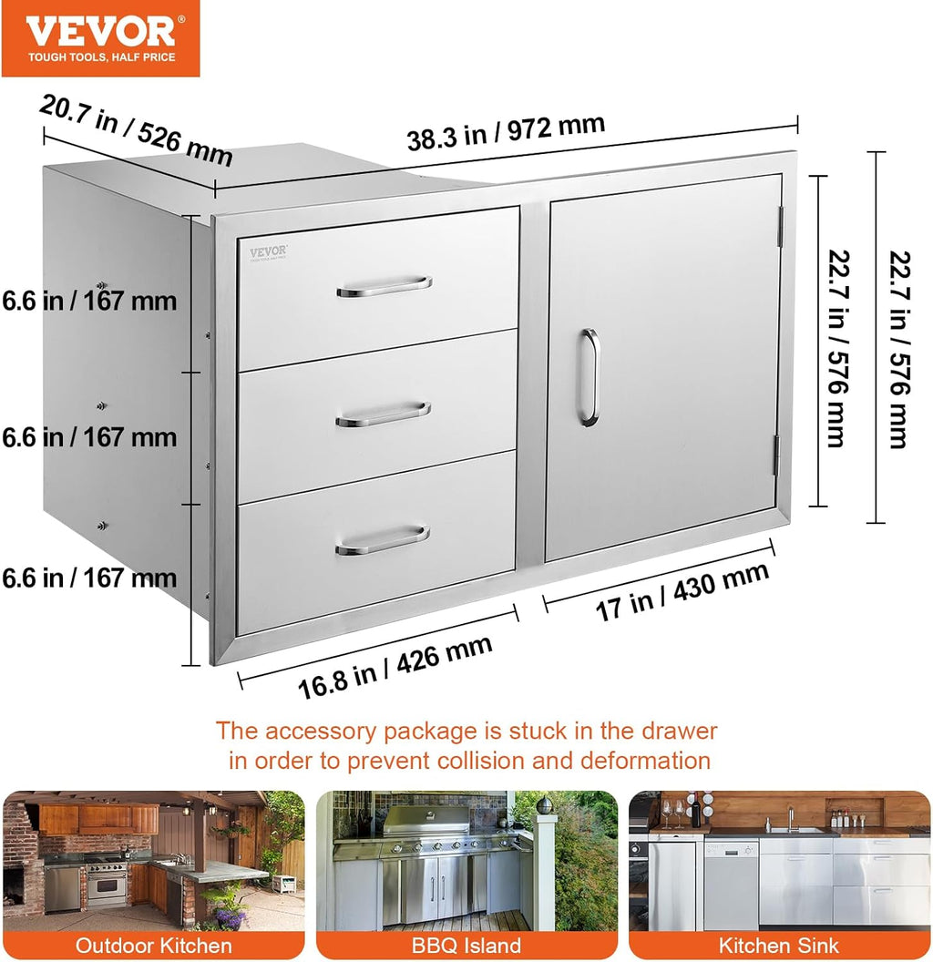 VEVOR BBQ Island Drawers 38.1W x 22.6H x 20.8D, Outdoor Kitchen Door Drawer Combo Cabinets, BBQ Access Door/Triple Drawers Combo, Stainless Steel Handles, Perfect for BBQ Island Patio Grill Station