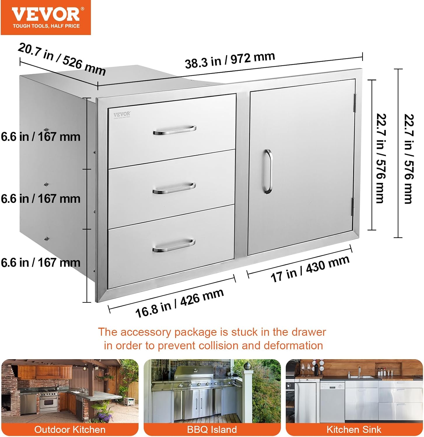 VEVOR BBQ Island Drawers 38.1W x 22.6H x 20.8D, Outdoor Kitchen Door Drawer Combo Cabinets, BBQ Access Door/Triple Drawers Combo, Stainless Steel Handles, Perfect for BBQ Island Patio Grill Station