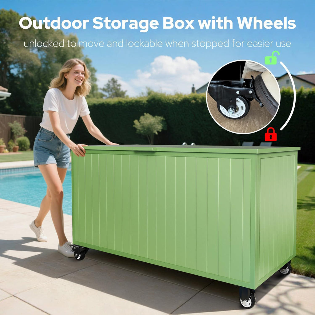 Outdoor Storage Box with Wheels 150 Gallon, Mobile Aluminum Deck Boxes Outdoor Waterproof, UV Resistant Patio Storage Box with Lid for Patio Furniture, Garden Tools, Outdoor Cushion(Green)