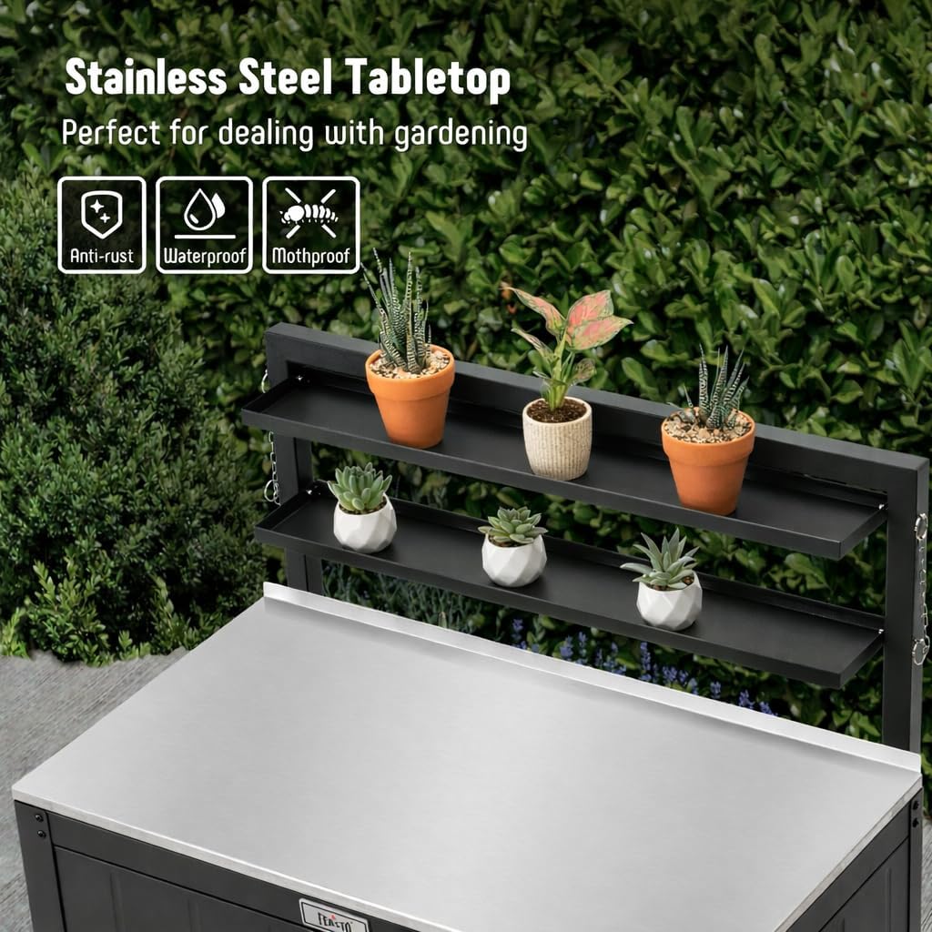Feasto Garden Potting Bench with Storage Cabinet,Outdoor Gardening Table & Work Bench for Plants, Horticulture,Outdoor Workstation with Stainless Steel Tabletop,Outdoor Work Table with Elevated Rack