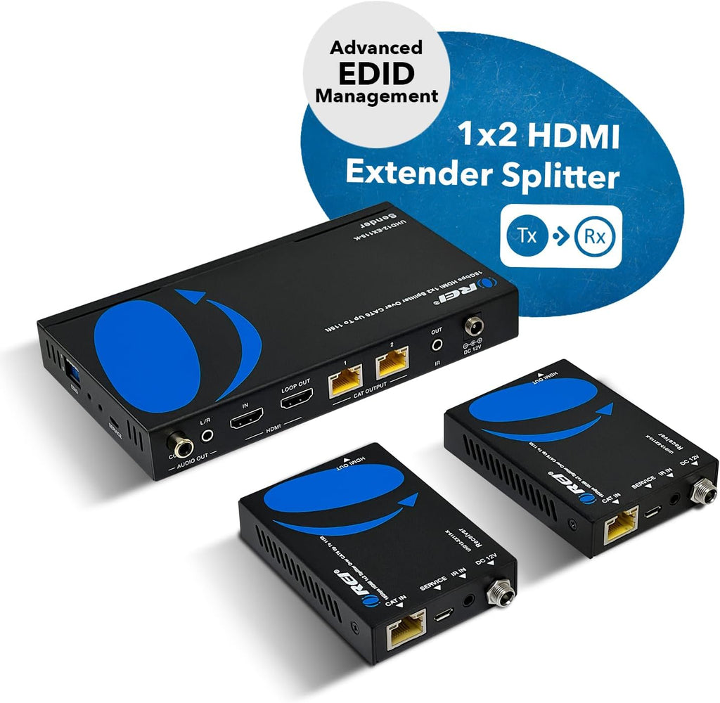 OREI 1x2 HDMI Extender Splitter 4K by Multiple Over Single Cable CAT6/7 4K@60Hz 4:4:4 HDCP 2.2 with IR Remote EDID Management - Up to 115 Ft - Loop Out - Low Latency - Full Support