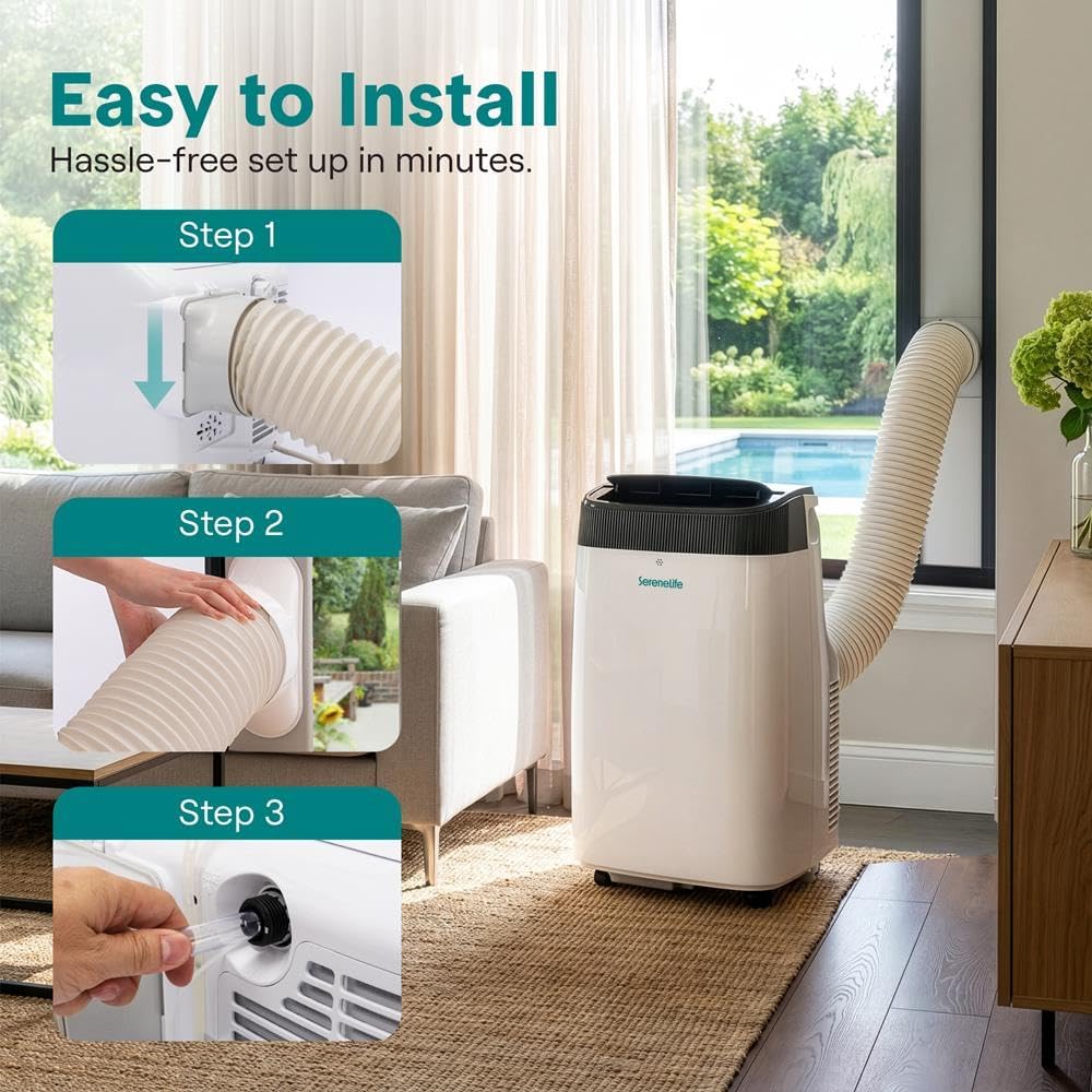 SereneLife Portable Air Conditioner, Dehumidifier & Fan | 3-in-1 8,000 BTU AC With Temperature Ranges 64°F–90°F & Cools 350 SQ FT | Includes 3 Fan Speeds, Remote Control, & Window Exhaust Kit | White