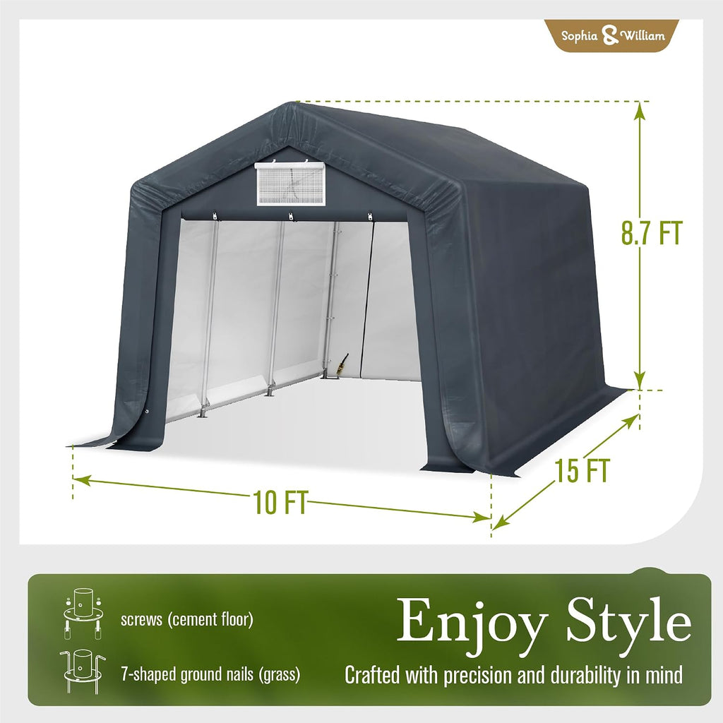 Sophia & William Carport Storage Shed 10x15 ft Portable, Heavy Duty Car Port Canopy Garage Shelter with Sidewalls and Roll Up Doors for Automobile Boat Motorcycle Bike, Gray
