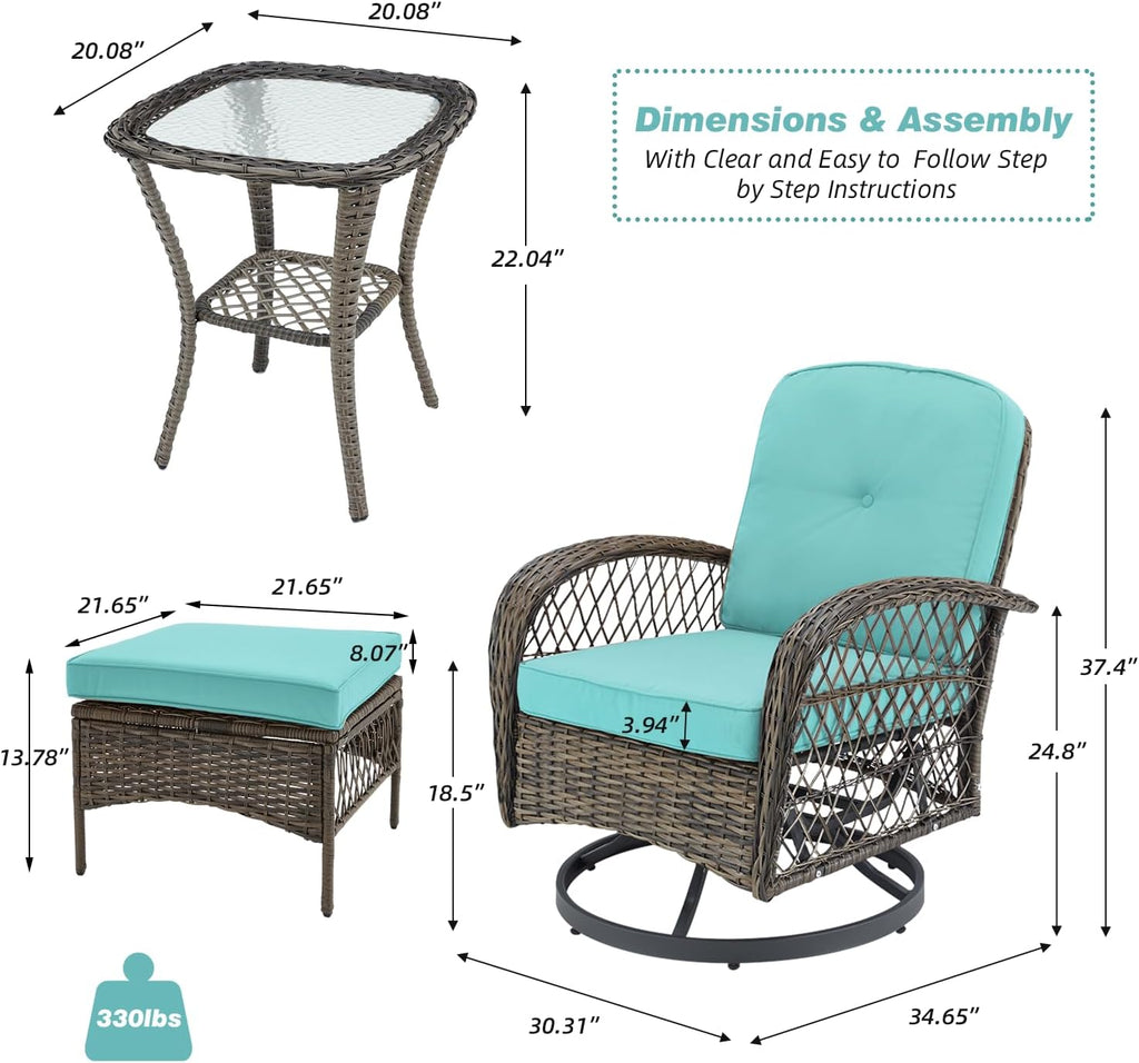 MELLCOM 5 Pieces Patio Furniture Set, Outdoor Swivel Rocker Patio Chairs with Ottomans, Wicker Conversation Set with Rocking Chairs, Glass Coffee Table for Backyard, Peacock Blue