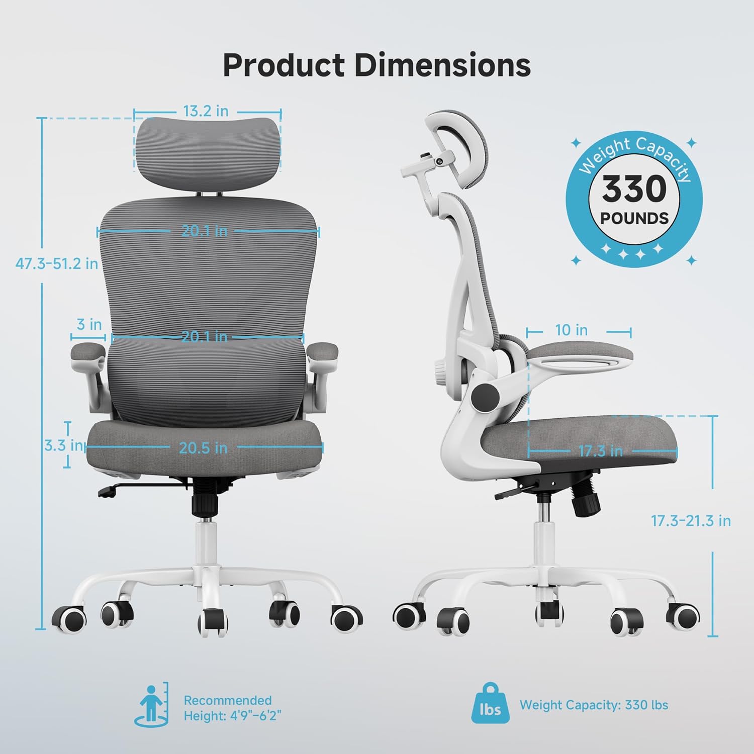 Ergonomic Office Chair, 330LBS Desk Chair with 3-Level Lumbar Support & Headrest, Breathable Mesh Backrest, Flip-Up Armrests for Home Office and Gaming, White