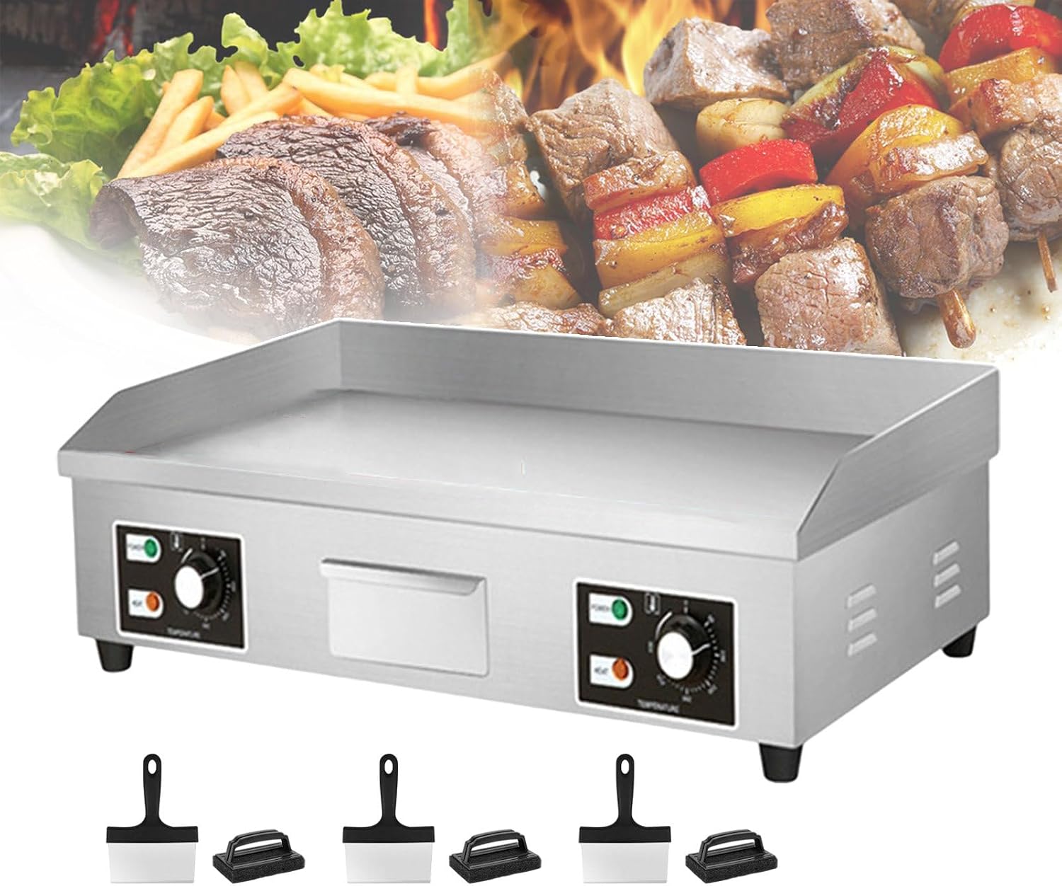 Commercial Electric Griddle 122-572°F, Stainless Steel Teppanyaki Grill Electric Cooker, Countertop Griddle and Hot Plate for Restaurants (With 3 Cleaning Brushes),4400W