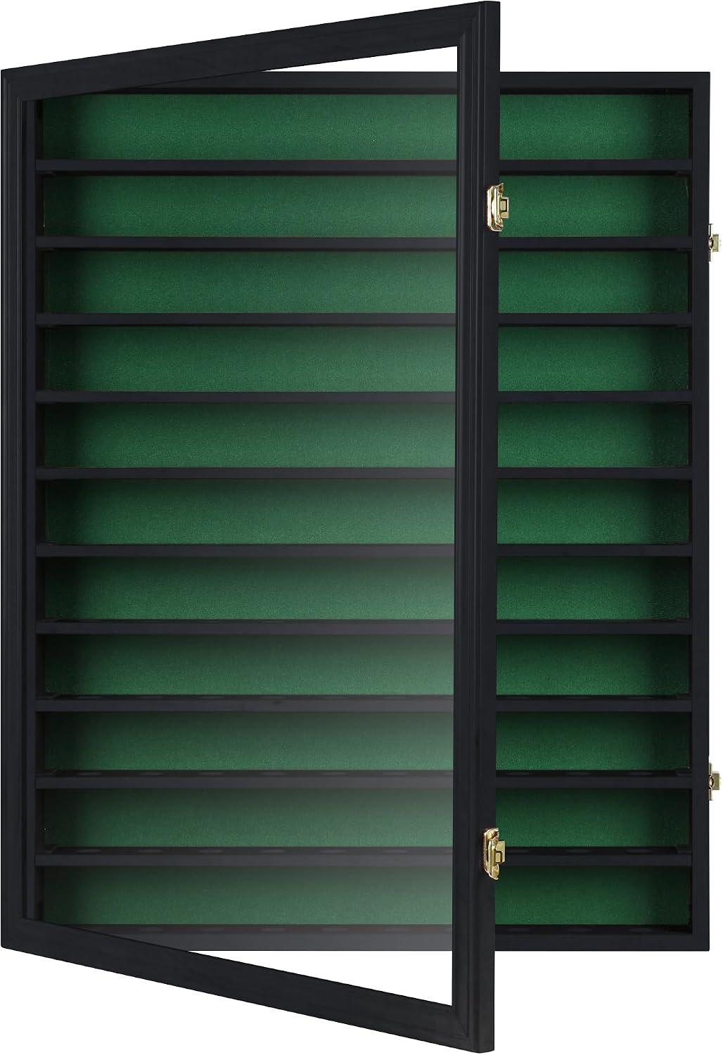 DisplayGifts 110 Golf Ball Display Case for Wall Mount – UV Protection with Gold Lock, Holds 110 Golf Balls, Exterior Size: 24.9'x19.5'x2.8', Black Finish Frame with Green Felt Interior