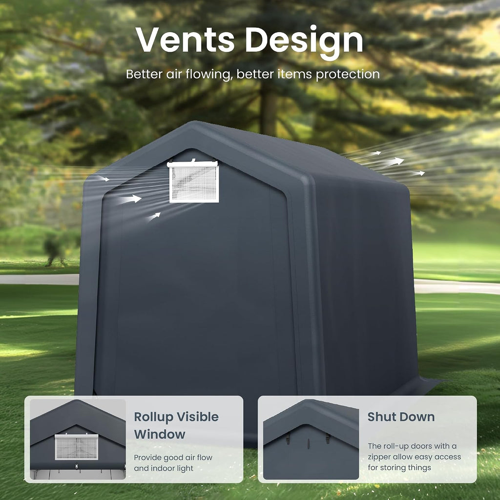PHI VILLA 6x10ft Storage Shelter Shed, Portable Carports Outdoor Garage Canopy with Roll up Zipper Doors & Vents Waterproof UV Resistant Garages Tent for Cars,Boats,Tools, Motorcycle, Gray