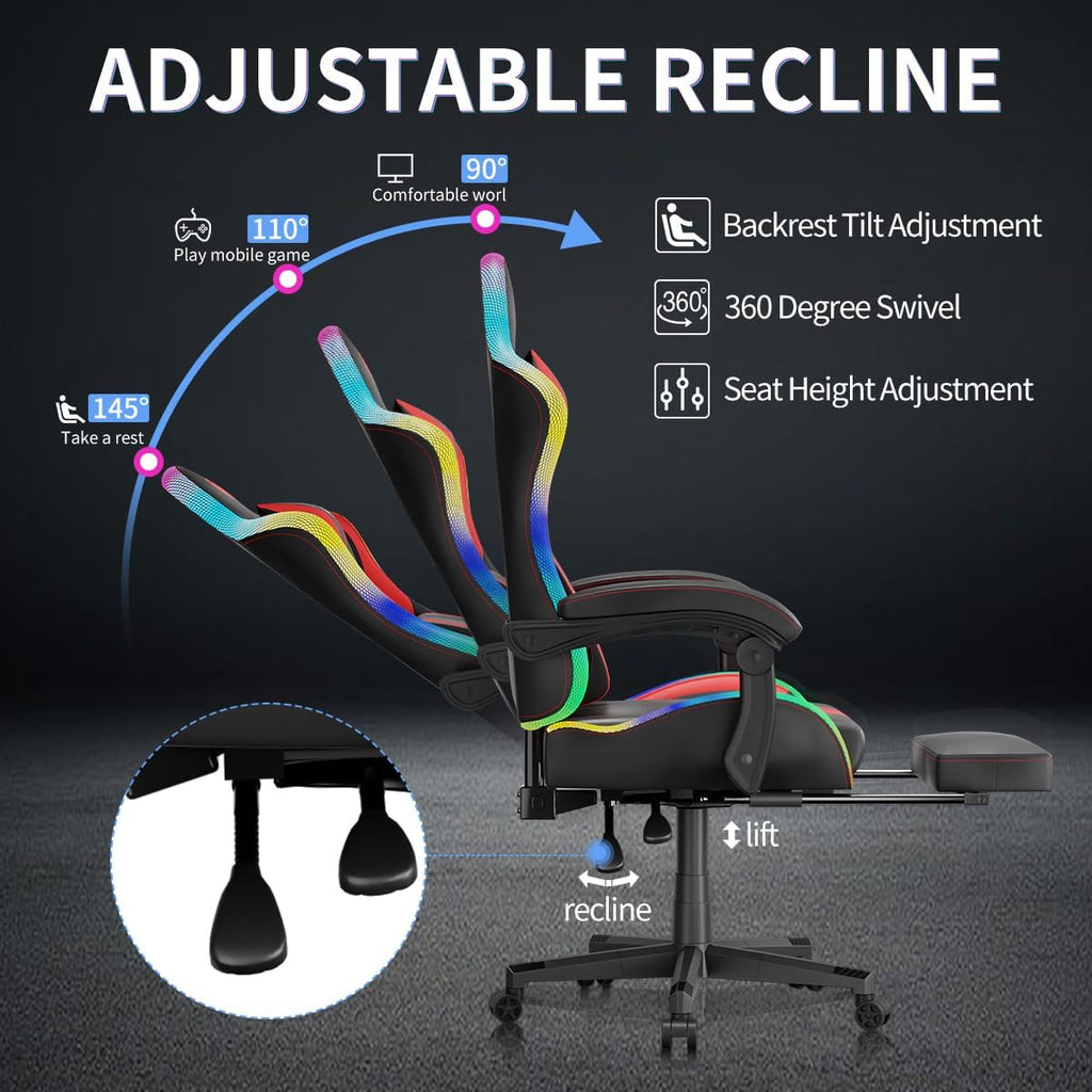 Gaming Chairs for Adults Tall and Kids，Lumbar Support,LED Lights，High Back Reclining Computer Chair with Headrest (Black+Red)