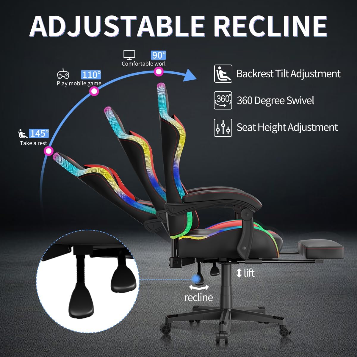 Gaming Chairs for Adults Tall and Kids，Lumbar Support,LED Lights，High Back Reclining Computer Chair with Headrest (Black+Red)