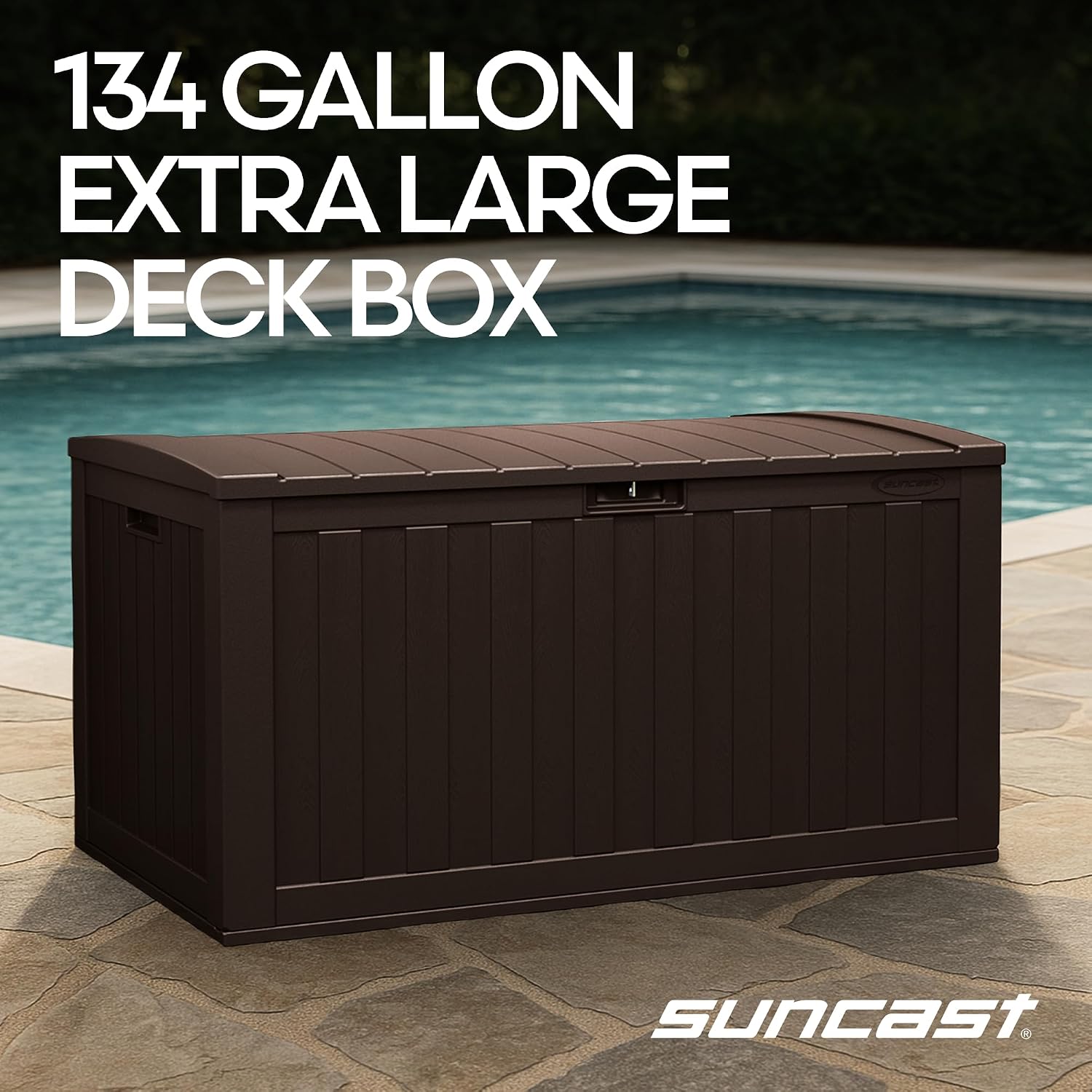 Suncast 134-Gal. Resin Extra-Large Outdoor Patio Deck Box with Pad-Lockable Lid, Modern Outdoor Patio Bench/Storage Box for Cushions, Garden Tools, and More, Java