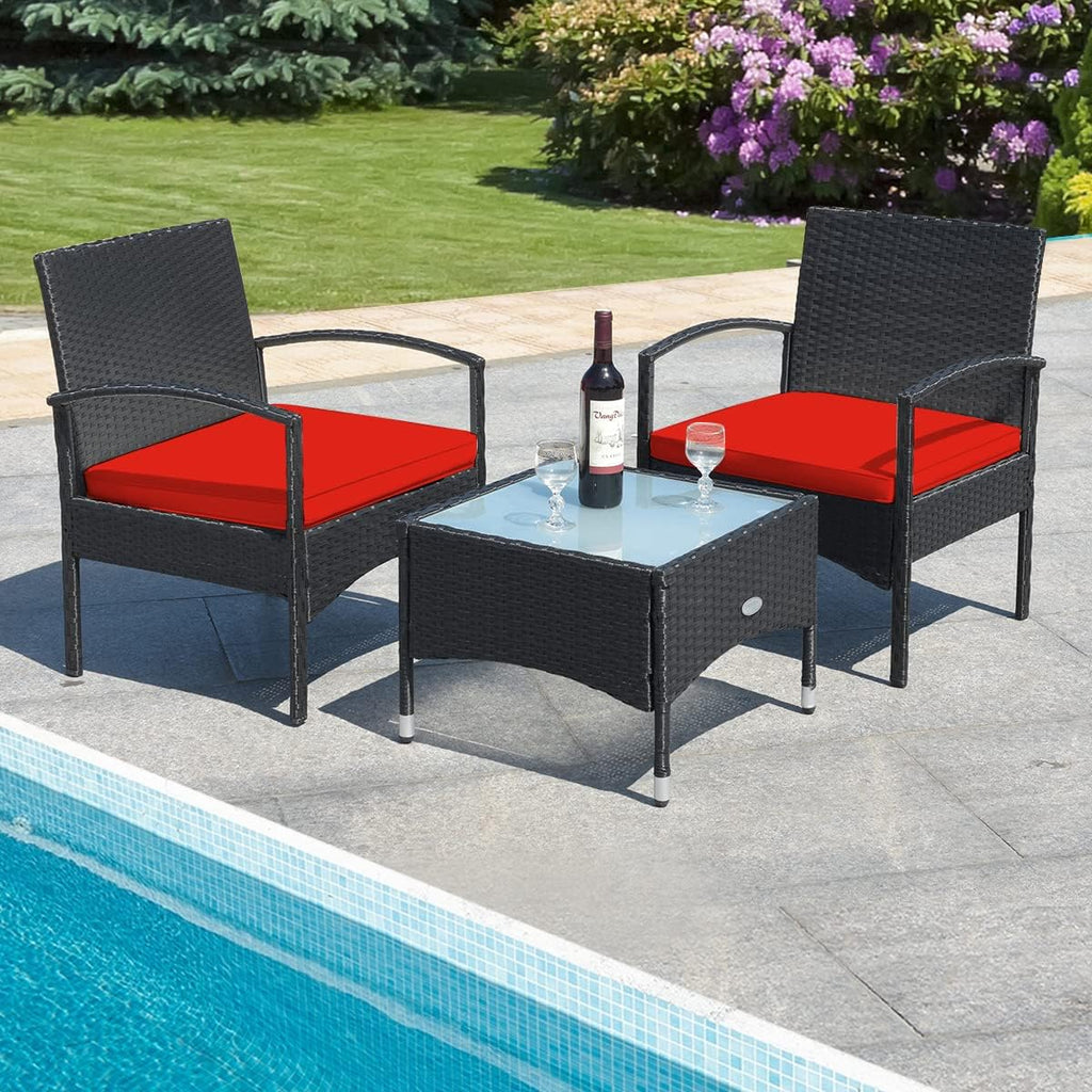 HAPPYGRILL 3 Pieces Patio Furniture Set Outdoor Conversation Set Rattan Wicker Bistro Set with Glass Coffee Table & Soft Cushions for Balcony Garden Poolside