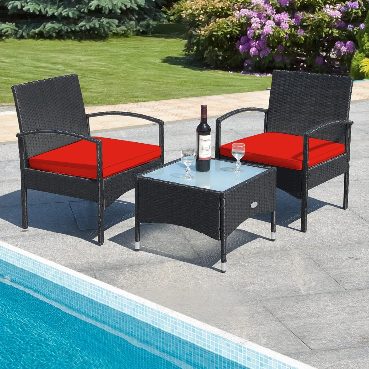 HAPPYGRILL 3 Pieces Patio Furniture Set Outdoor Conversation Set Rattan Wicker Bistro Set with Glass Coffee Table & Soft Cushions for Balcony Garden Poolside