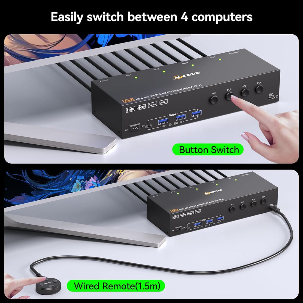 KVM Switch 3 Monitors 4 Computers 4K@60Hz,EDID Simulation,HDMI Displayport Triple Monitor KVM Switch,3 Monitor KVM with 4 USB 3.0 Ports for Keyboard Mouse, Wired Remote and 4 USB3.0 Cables Included