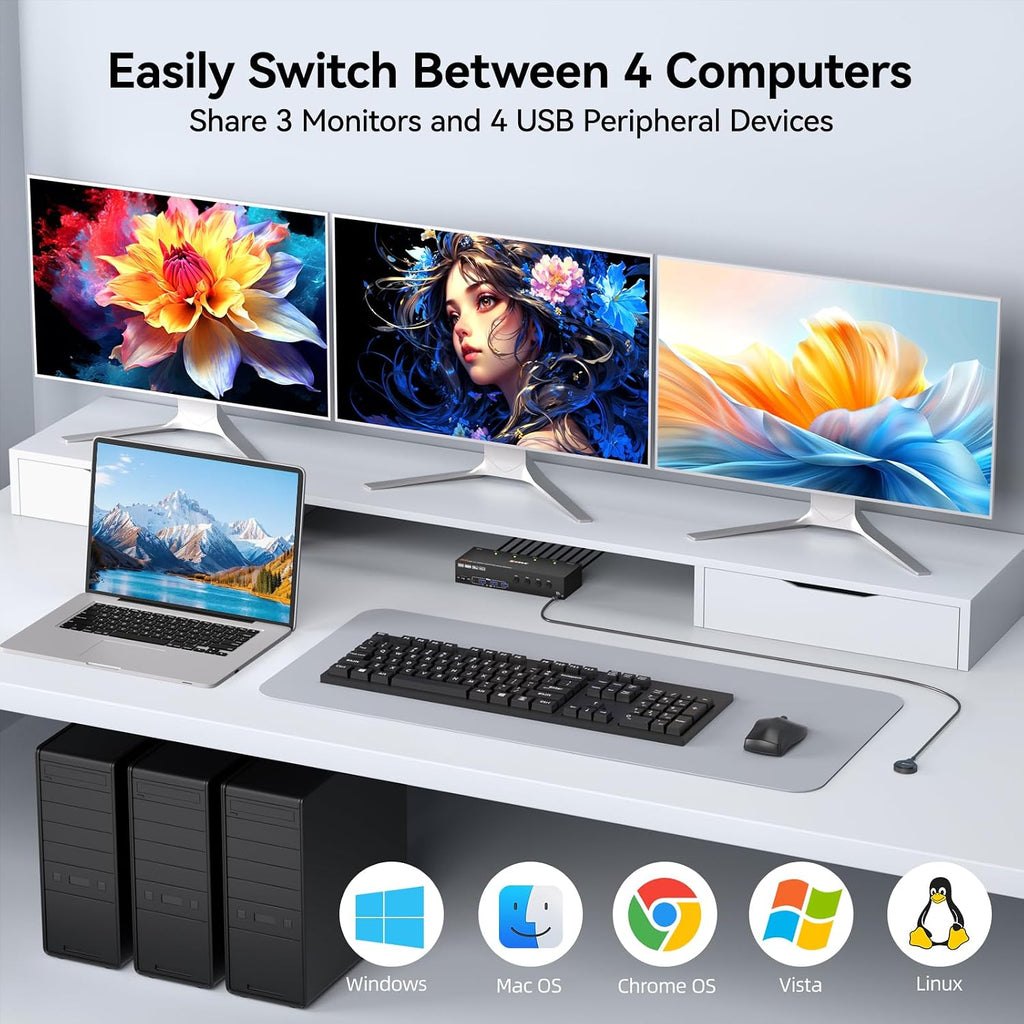 KVM Switch 3 Monitors 4 Computers 4K@60Hz,EDID Simulation,HDMI Displayport Triple Monitor KVM Switch,3 Monitor KVM with 4 USB 3.0 Ports for Keyboard Mouse, Wired Remote and 4 USB3.0 Cables Included