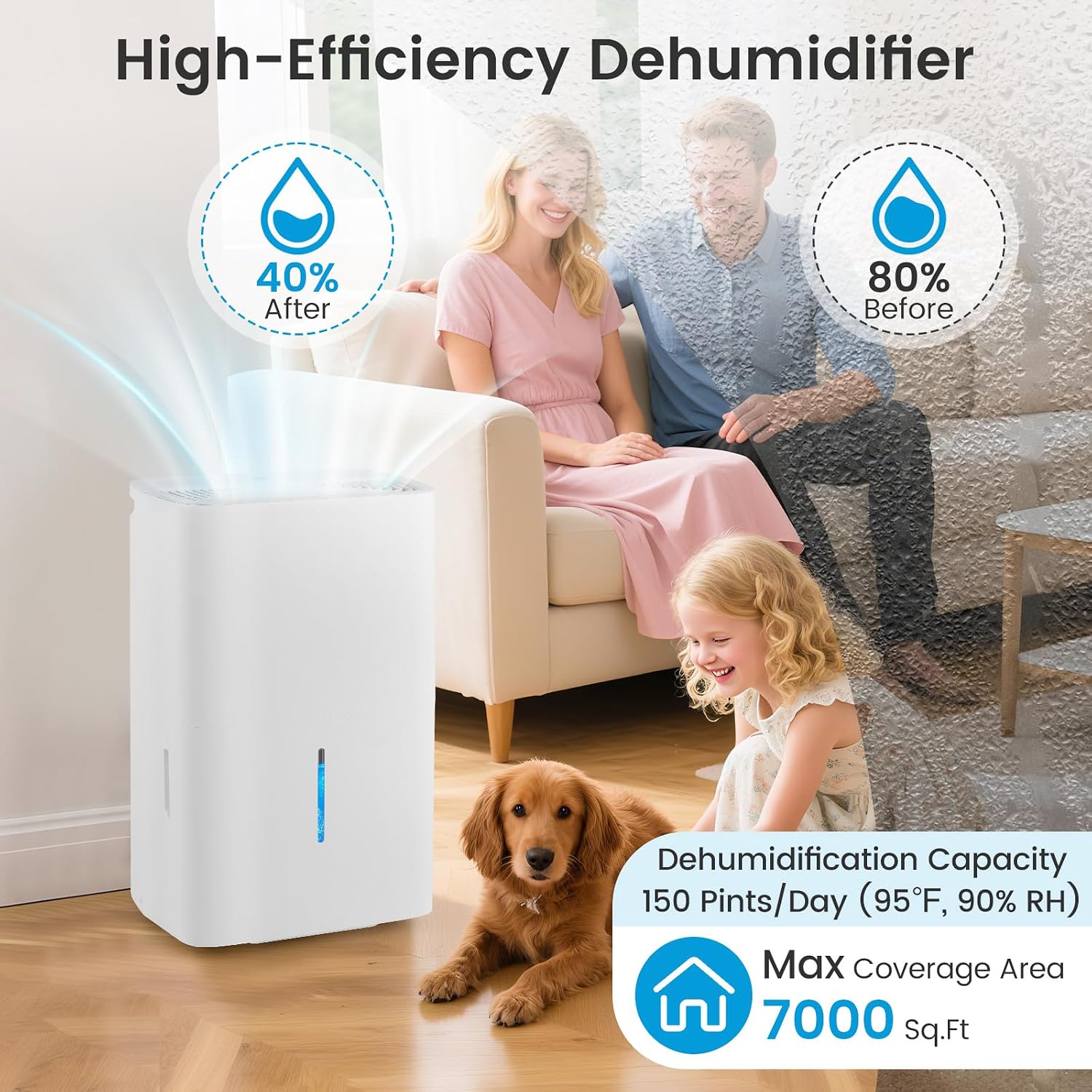 DORTALA 150 Pints Dehumidifier for 7000 Sq.Ft Large Rooms, Basement, Bathroom, Home Dehumidifier with Pump, Drain Hose, 2 Modes, 24H Timer, 2.4 Gal Water Tank, Auto Defrost, White