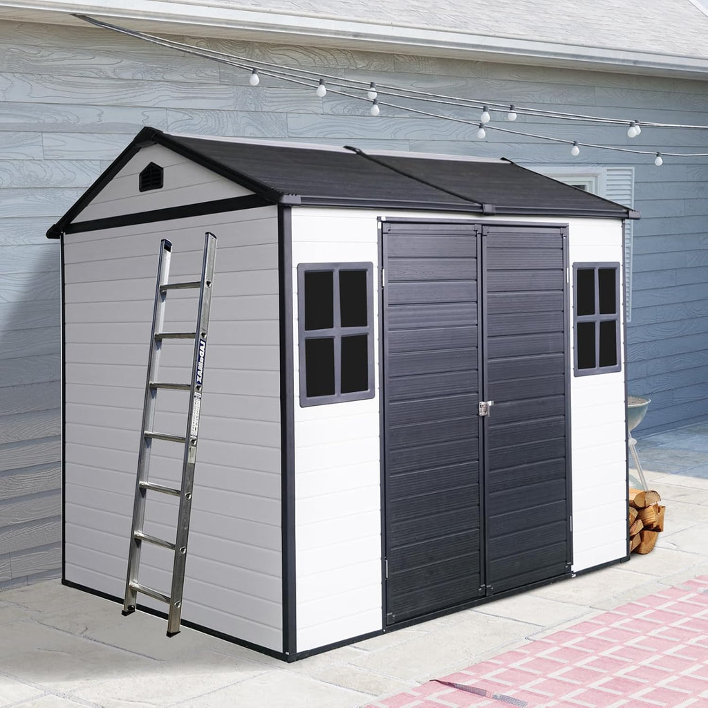 Ball & Cast 8x6 FT Resin Outdoor Storage Shed,Waterproof Garden Organizer Tool House with Floor & Two Windows,Backyard Cabinet w/Lockable Door and 2 Ventilation,Shelter for Car,Lawnmower,Grey+White