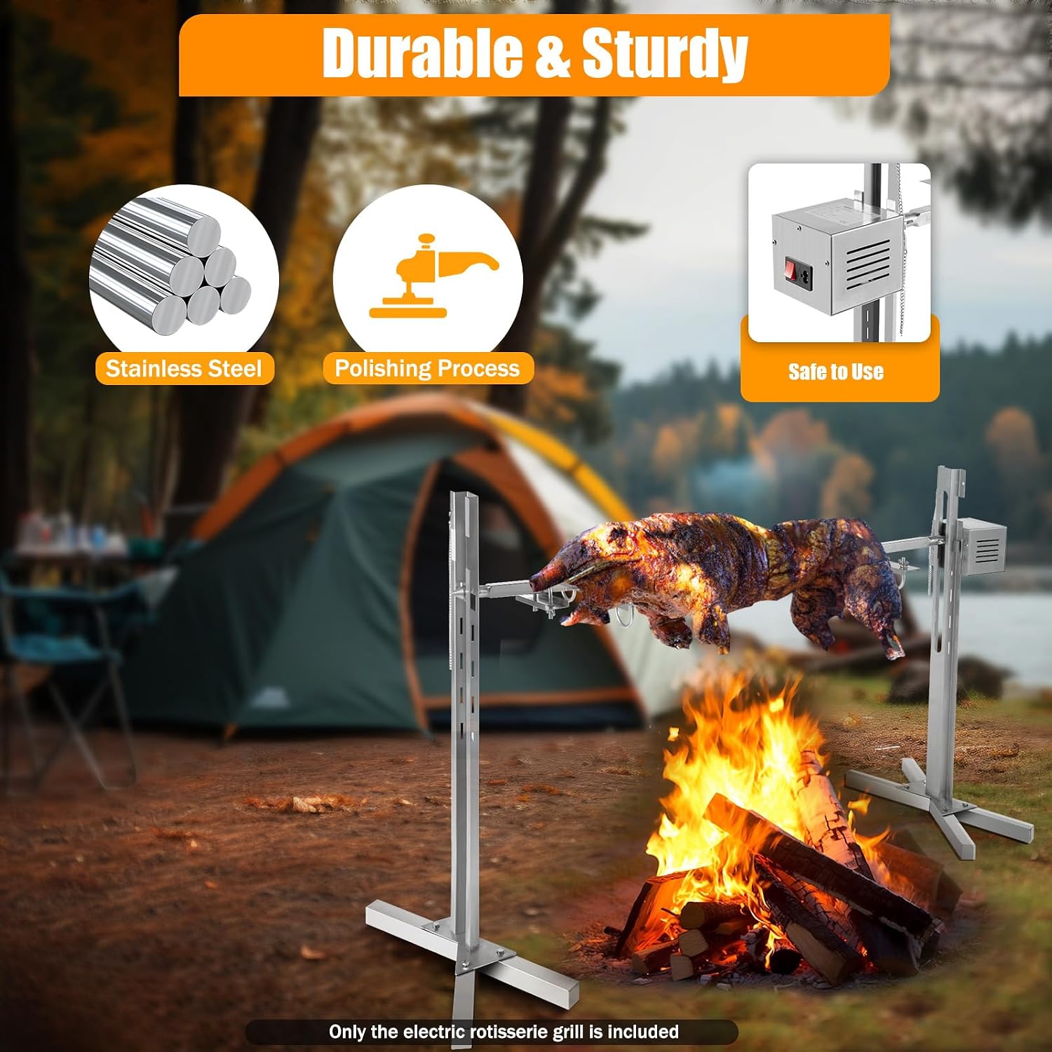 51' Electric Automatic Rotisserie Grill Kit Large Rotisserie Spit Roaster Grill Rod 15W Electric Rotisserie Kit BBQ Grill Kit Heavy Duty for Pig Rotisserie Hog Lamb