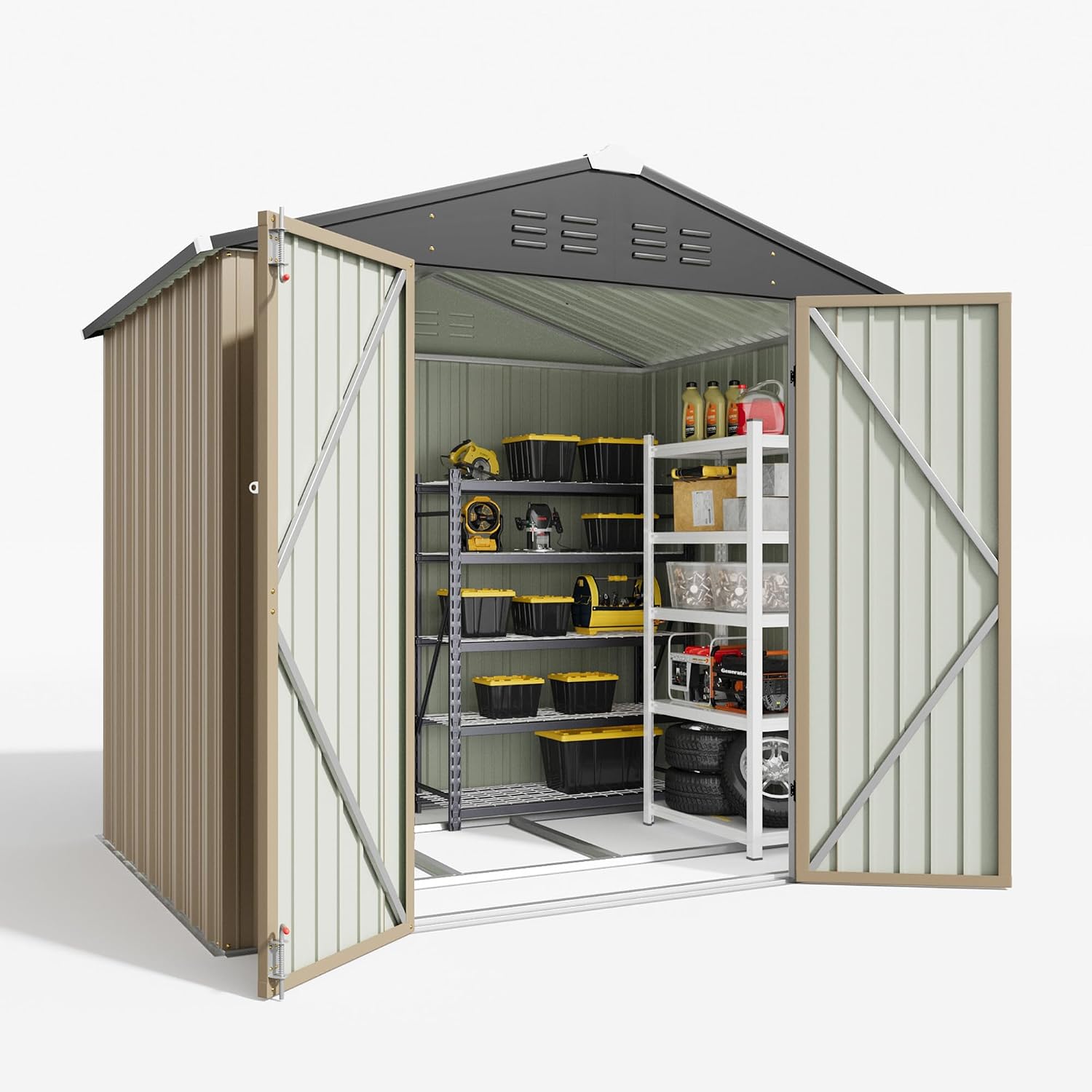 Patiowell 6x4 FT Outdoor Storage Shed with Floor Frame, Metal Garden Patio Sheds with Sloping Roof and Lockable Door, Waterproof Steel Tool Shed for Backyard Garden Lawn, Brown