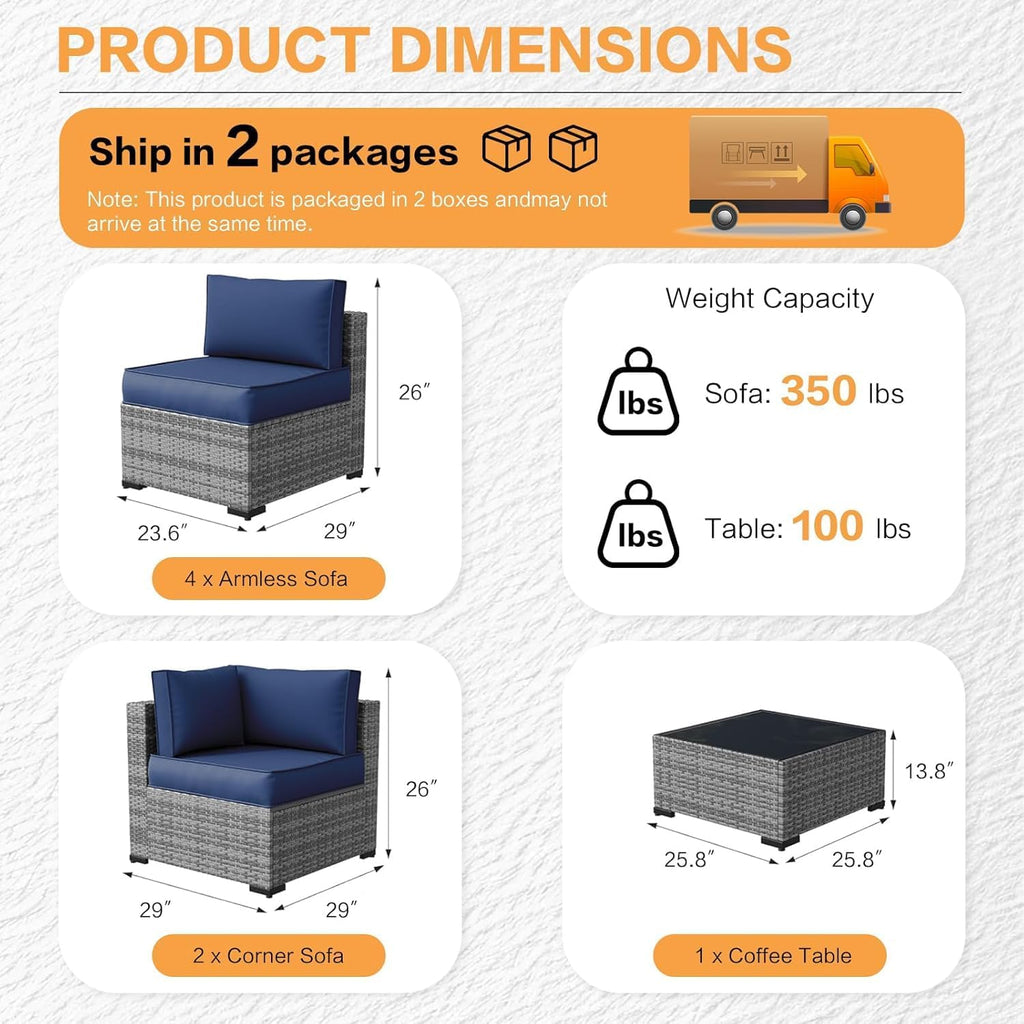 MOCHITO 5 Pieces Outdoor Patio Furniture Sets, All-Weather Sectional Sofa Grey PE Rattan Wicker Conversation Set with Glass Table and Washable Blue Cushions for Backyard,Sunroom,Garden,Porch