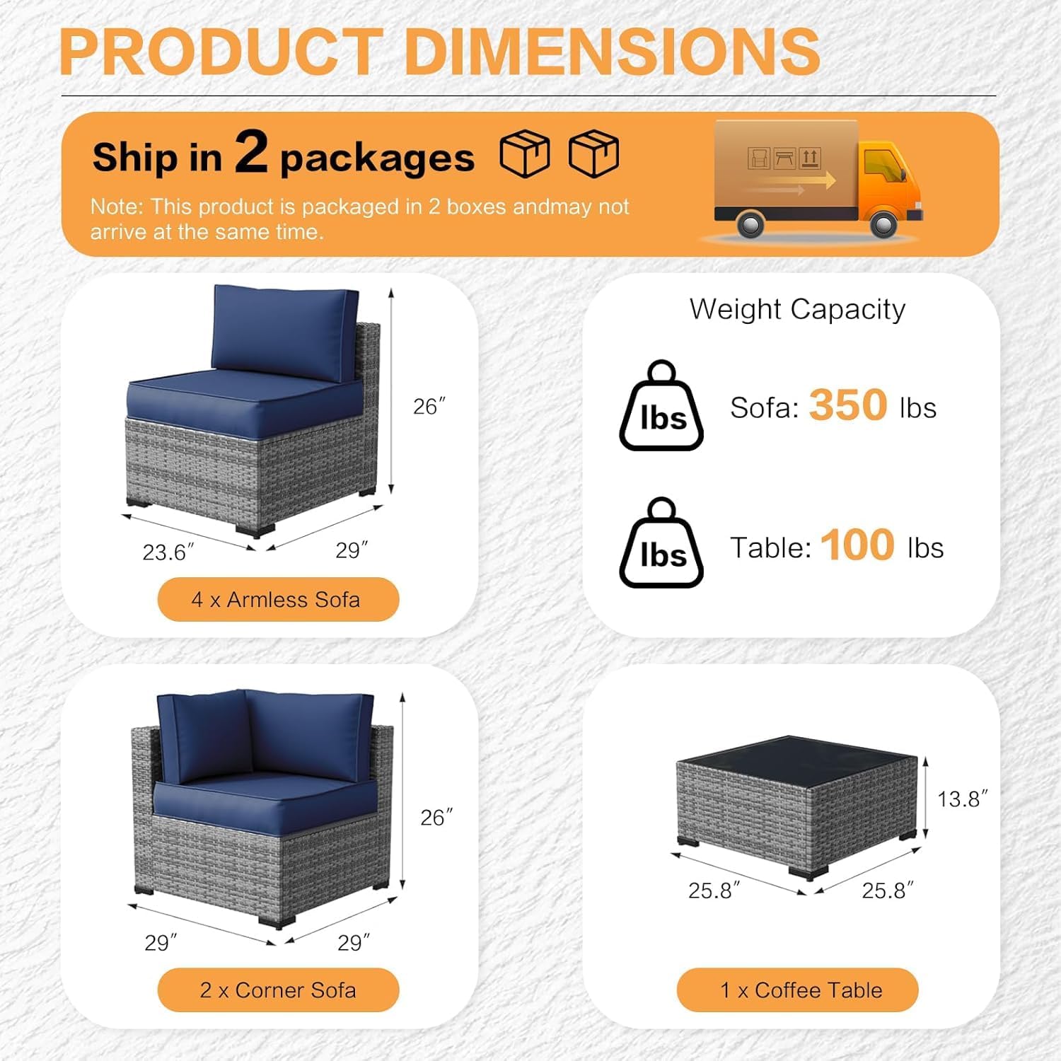MOCHITO 5 Pieces Outdoor Patio Furniture Sets, All-Weather Sectional Sofa Grey PE Rattan Wicker Conversation Set with Glass Table and Washable Blue Cushions for Backyard,Sunroom,Garden,Porch
