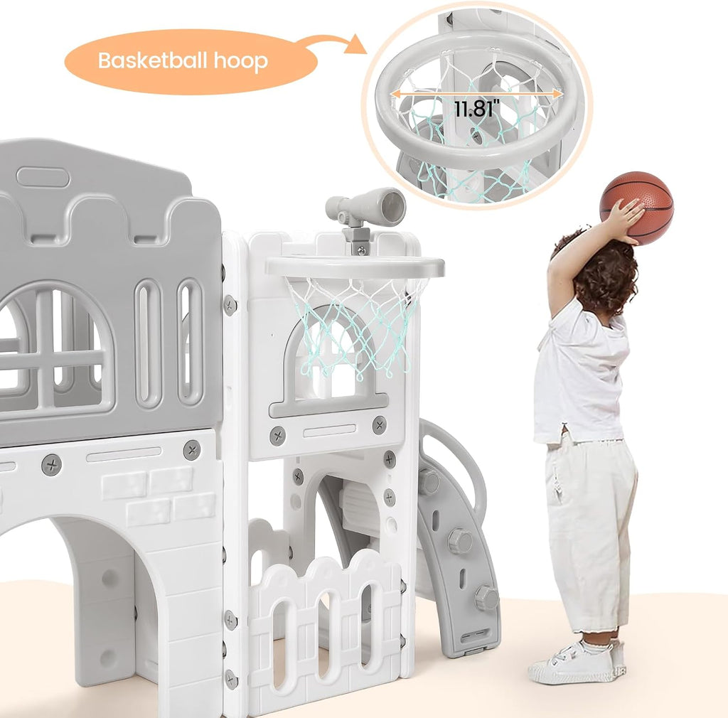8 in 1 Toddler Slide Indoor Playground, Indoor Slide Toddler Playset for Toddlers 1-3, Kids Outdoor Playground with Basketball Hoop, Climber, Crawling Tunnel, Telescope, Toy Storage
