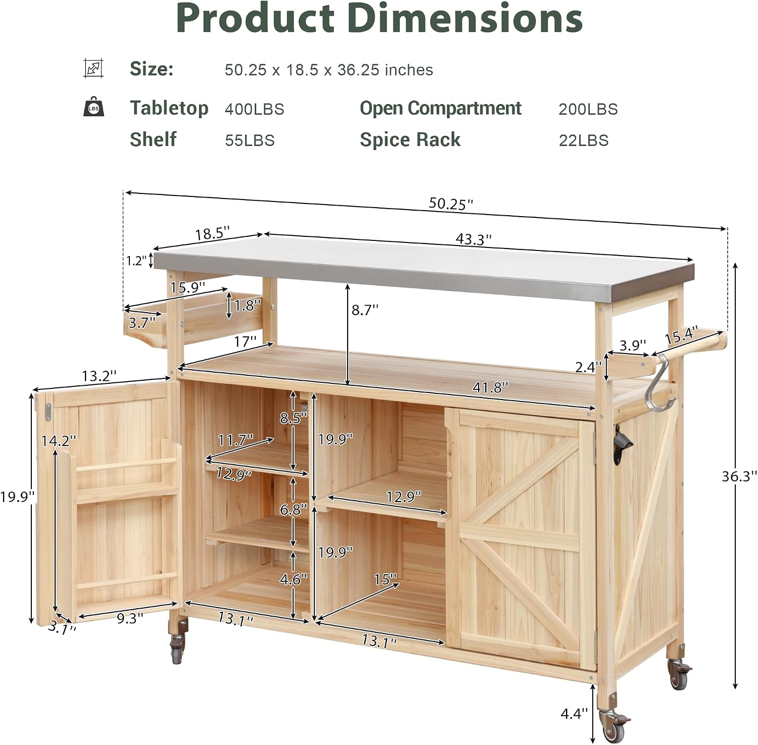 Merax 50' Outdoor Kitchen Grill Cart Island on Wheels with Stainless Steel Top,Farmhouse Style Solid Wood Frame Storage Cabinet for Patio