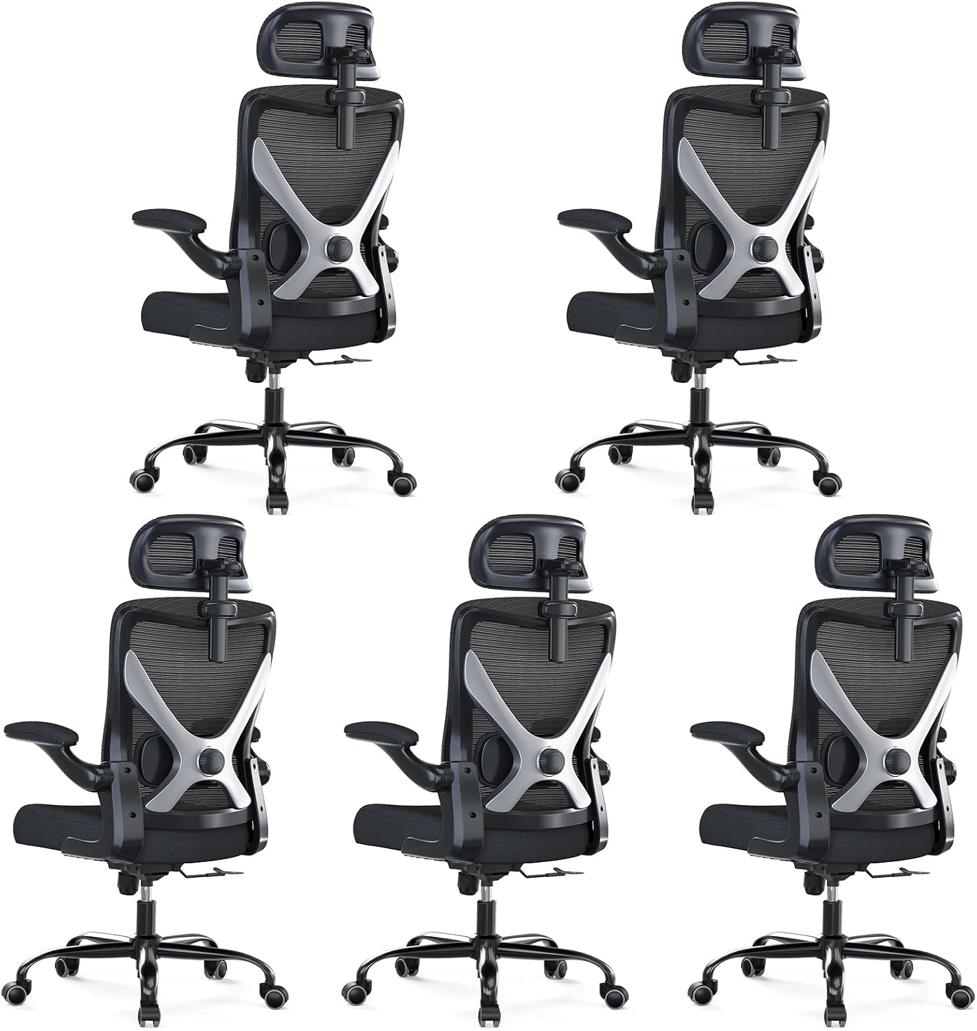 Ergonomic Office Chair - X-Shaped Computer Desk Chair Comfy, Gaming Chair, Office Chair with Lumbar Support, Mesh Office Chairs with Headrests, Desk Chair for Long Hours, Black Silver, Pack of 5