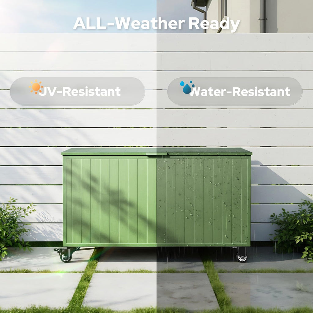 Outdoor Storage Box with Wheels 150 Gallon, Mobile Aluminum Deck Boxes Outdoor Waterproof, UV Resistant Patio Storage Box with Lid for Patio Furniture, Garden Tools, Outdoor Cushion(Green)