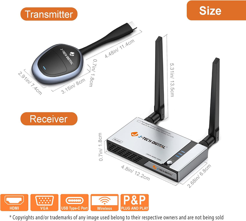 J-Tech Digital HDMI Wireless Extender Dongle Adapter Kit 1080p 98 Feet w/Airplay, Smart View, Miracast & 4K Upscale [JTECH-WDEX-50M2]