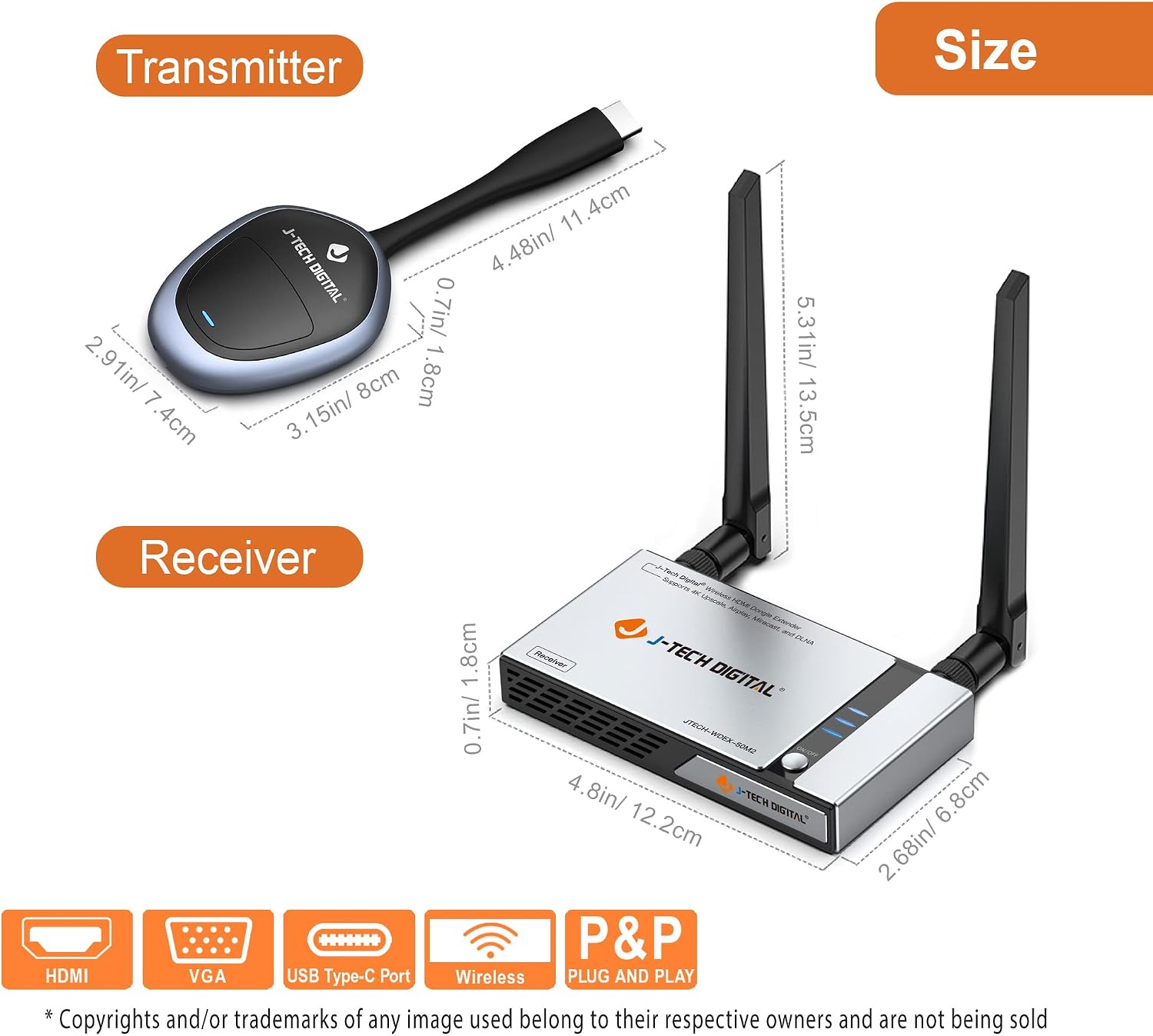 J-Tech Digital HDMI Wireless Extender Dongle Adapter Kit 1080p 98 Feet w/Airplay, Smart View, Miracast & 4K Upscale [JTECH-WDEX-50M2]