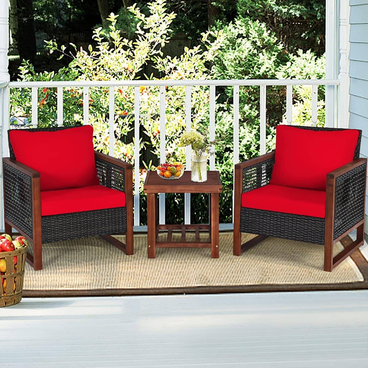 HAPPYGRILL 3-Pieces Outdoor Patio Furniture Set Wicker Chairs with Coffee Table Balcony Porch Furniture Bistro Set with Acacia Wood Frame and Washable Cushions for Garden Poolside Backyard