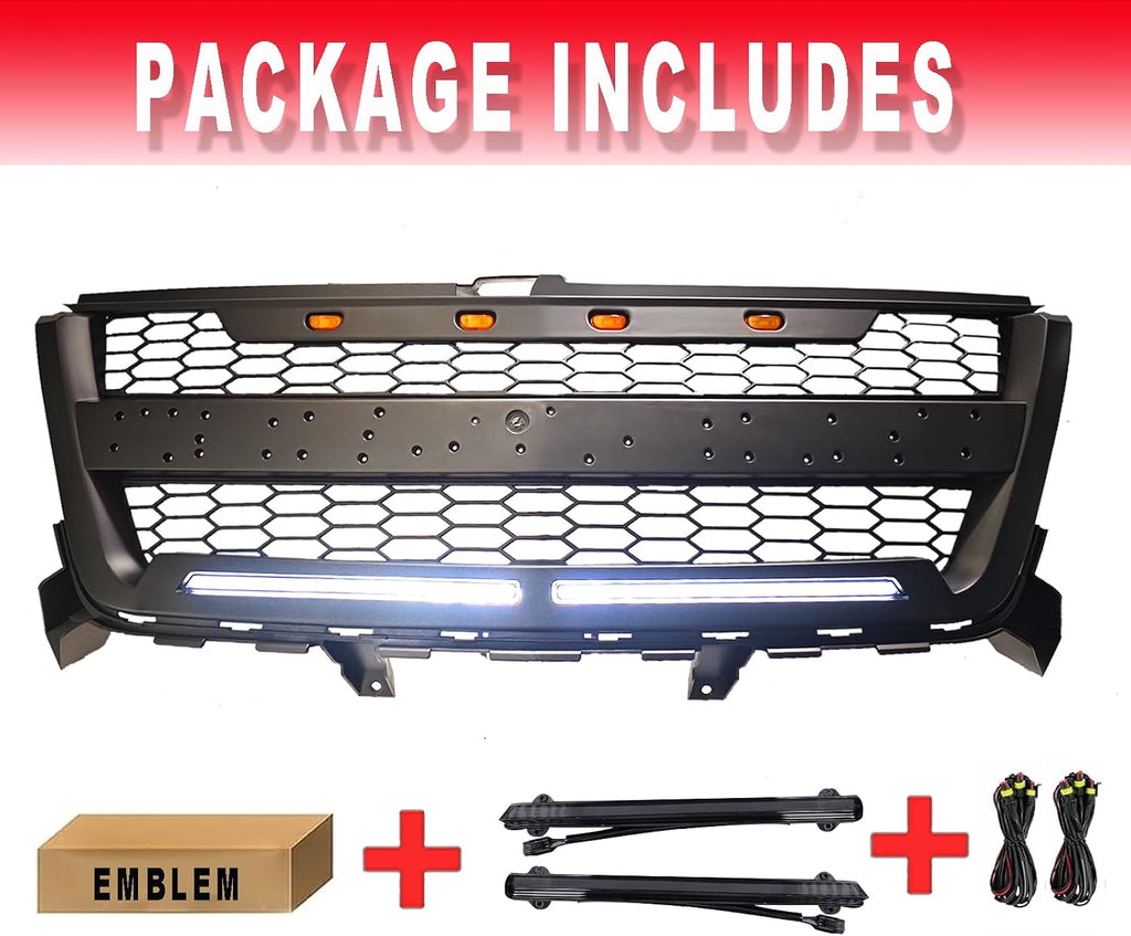 Front Grille Compatible with 2016 2017 2018 2019 2020 Colorado Replacement Front Grill, Black Letters and 4 LED Lights (with 2 LED Bars)