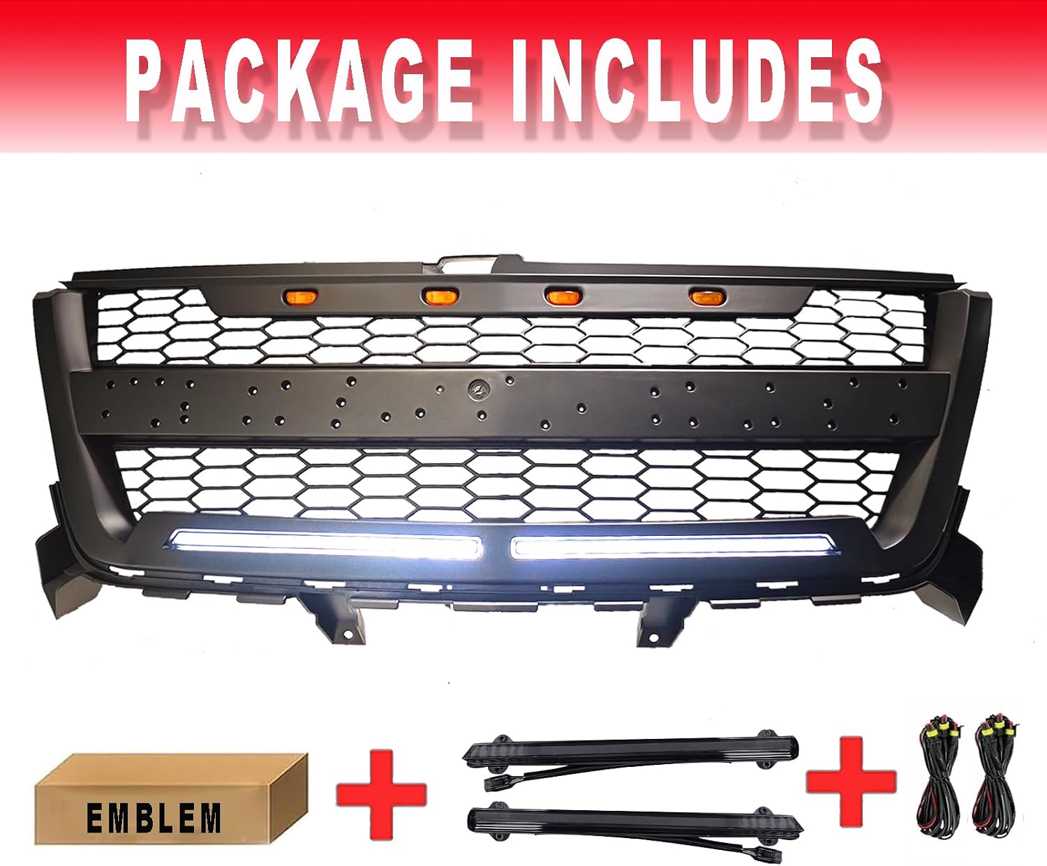Front Grille Compatible with 2016 2017 2018 2019 2020 Colorado Replacement Front Grill, Black Letters and 4 LED Lights (with 2 LED Bars)