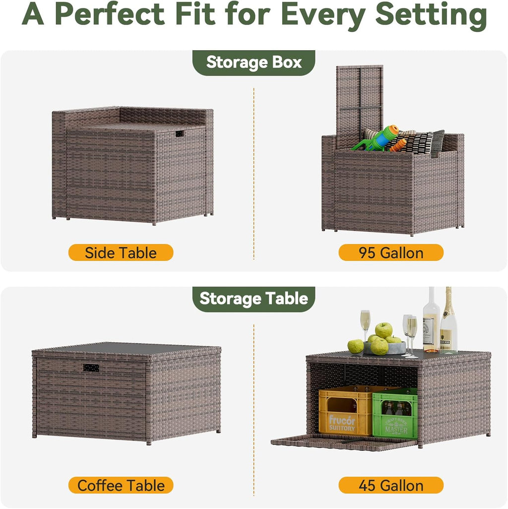 Aoxun 8 Piece Patio Furniture Set, Wicker Outdoor Furniture Set with Storage Box, Patio Sectional Set with Thickened Cushions, Waterproof Cover and 25.6' Coffee Table (Brown& Khaki)