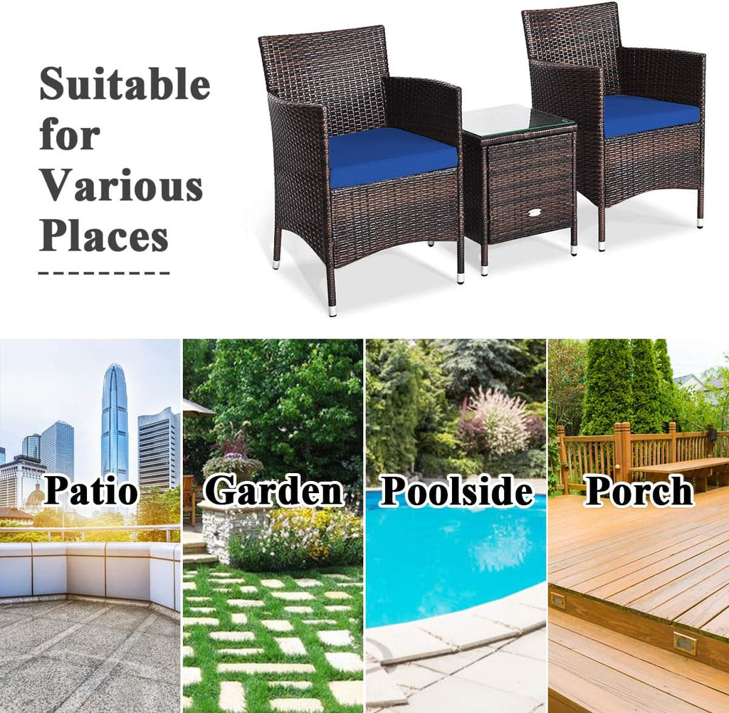 COSTWAY 3 PCS Patio Furniture Set, Outdoor Wicker Conversation Set with Tempered Glass Coffee Table, Seat Cushions, Rattan Wicker Chairs for Poolside Balcony Porch Backyard, Navy