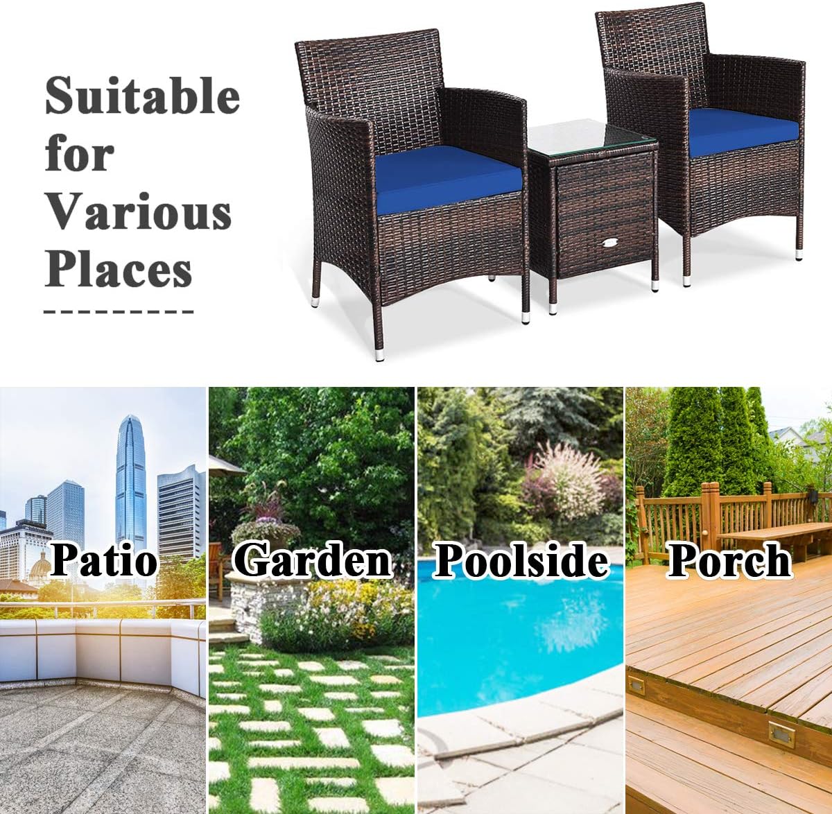 COSTWAY 3 PCS Patio Furniture Set, Outdoor Wicker Conversation Set with Tempered Glass Coffee Table, Seat Cushions, Rattan Wicker Chairs for Poolside Balcony Porch Backyard, Navy