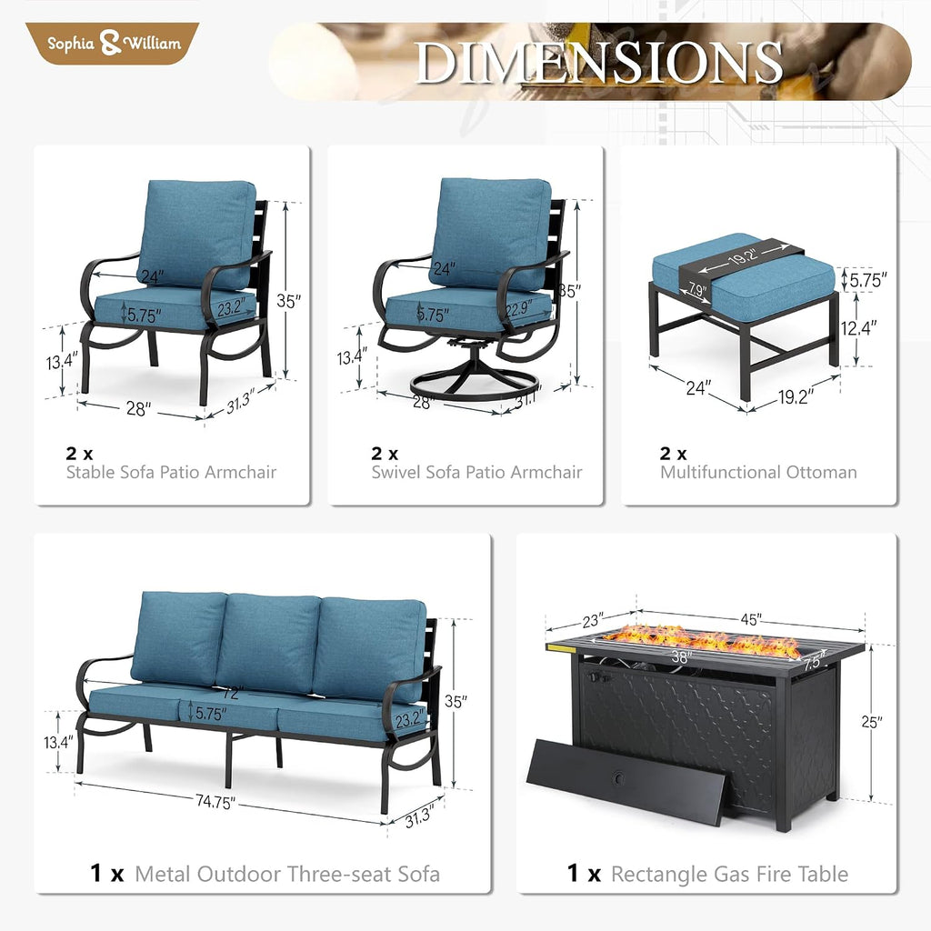 Sophia & William Patio Furniture Sets for 9 with 45' Gas Fire Pit Table Outdoor Conversation Sets 8 Pcs, 2xSofa Chairs, 2xSwivel Cushion Chairs, 1x3-Seat Sofa, 2xOttomans for Porch Poolside Navy