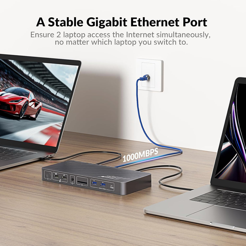 AV Access Docking Station KVM Switch 2 Monitors 2 Laptops, 4K KVM Switch Dual Monitor, 100W PD for Each PC, 1G Ethernet, EDID Emulation, Ideal for Home Office & Gaming