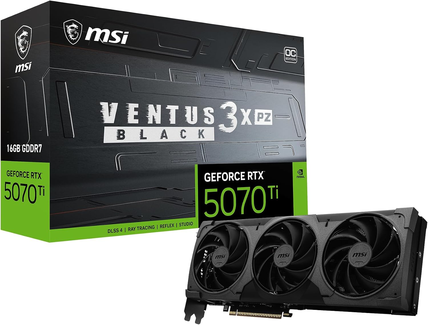 msi Gaming RTX 5070 Ti 16G Ventus 3X PZ OC Black Graphics Card (16GB GDDR7, 256-bit, Extreme Performance: 2482 MHz, DisplayPort x 3 2.1a, HDMI 2.1b, NVIDIA Blackwell Architecture)