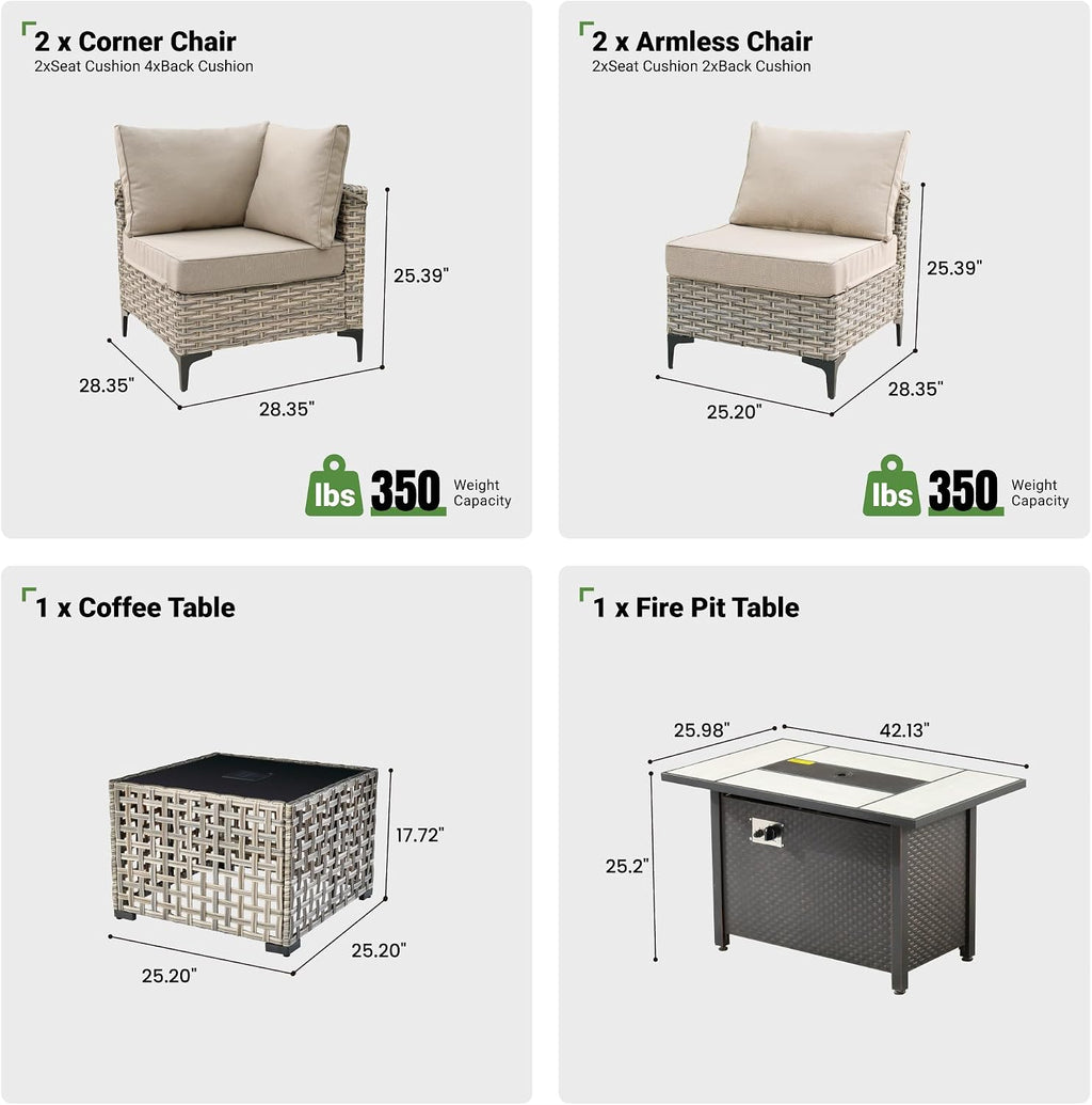 6 Pcs Patio Furniture with Fire Pit Table, Outdoor Rattan Wicker Conversation Set with Glowing Coffee Table, Comfy Sectional Sofa for Porch Balcony Backyard Pool, Beige
