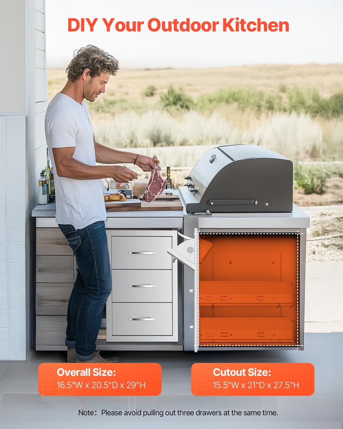 VEVOR Outdoor Kitchen Drawers, 16.5' W x 29' H x 20.5' D Triple Access Drawers, Stainless Steel Flush Mount Cabinets, BBQ Island Storage with Paper Towel Holder & Handle, for Patio Grill Station