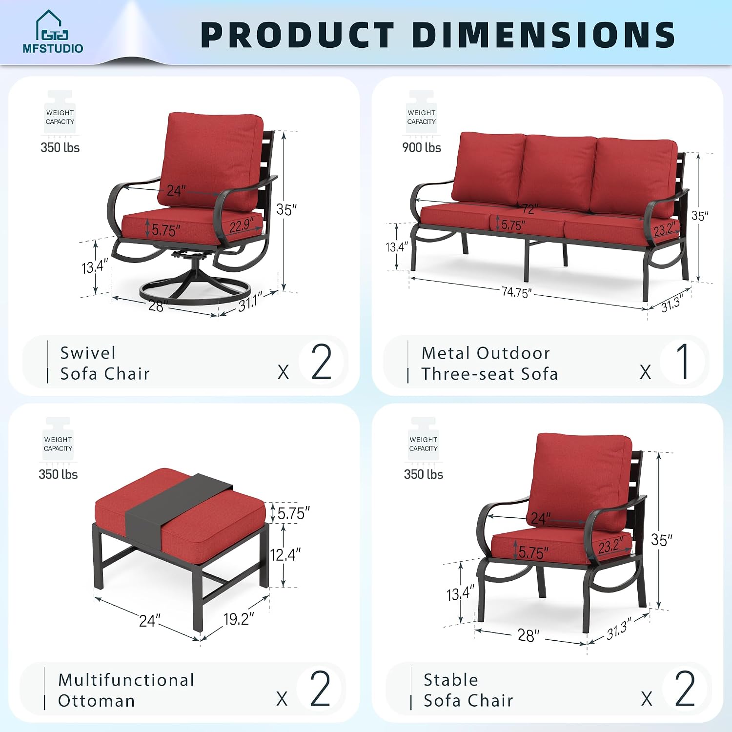MFSTUDIO 7 Pieces Metal Patio Furniture Sets, 2 Swivel Chairs, 3-Seat Deep Seating Sofa, 2 Single Couch and 2 Ottoman, All Weather 9 Seats Outdoor Conversation Set for Garden Backyard, Burgundy Red