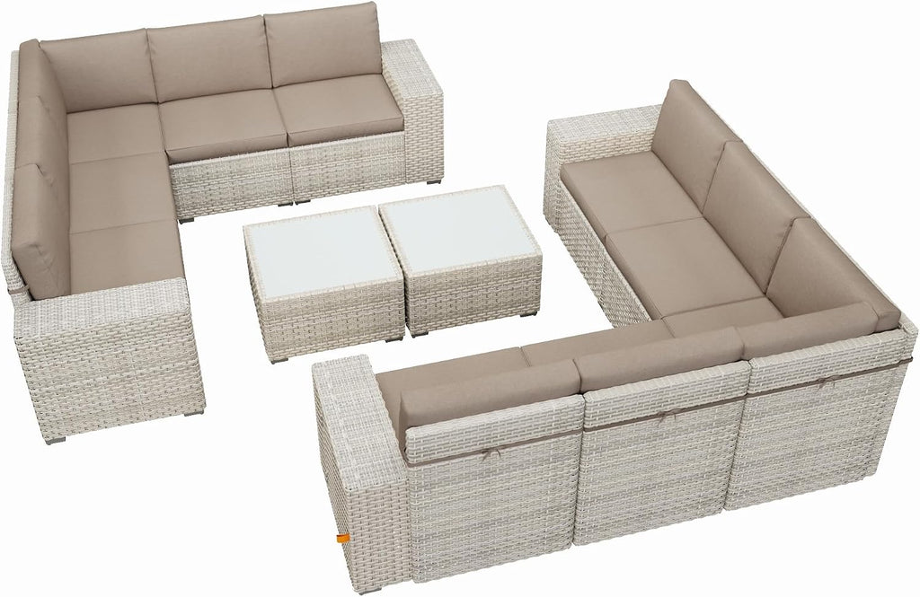 12 Piece Patio Furniture Set, 9.8' Wide Arm Sectional Sofa with Storage Armrests, All-Weather Rattan Outdoor Conversation Set for Garden, Porch, Lawn, Backyard, Balcony, Khaki